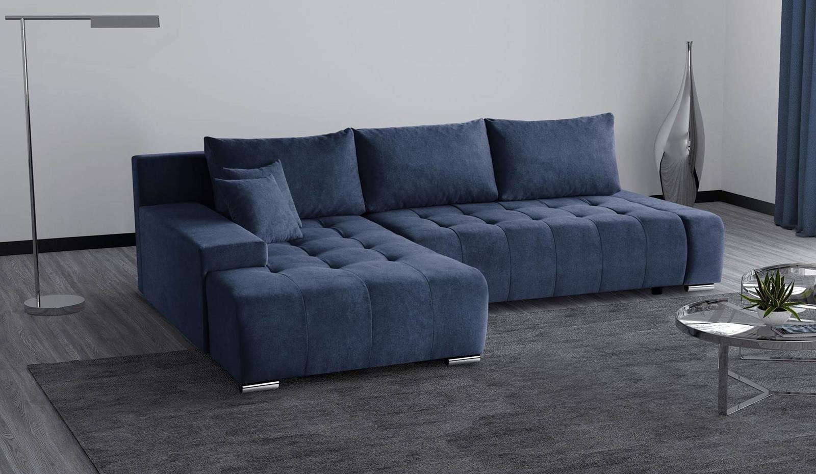 Beautysofa Ecksofa Ecksofa Sofa DRACO mit Schlaffunktion, Bettkasten Couch Wohnzimmer Dunkelblau (aston 26)