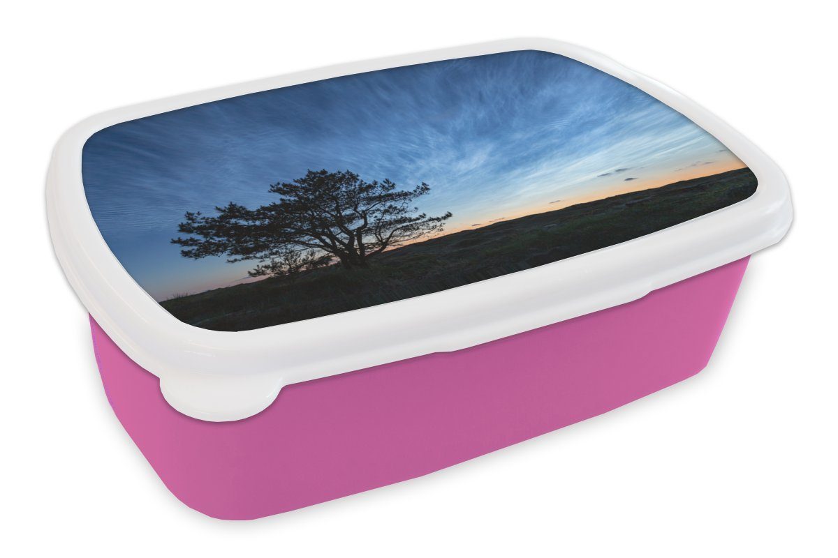 für rosa eines Snackbox, Brotbox (2-tlg), Ameland Erwachsene, Kunststoff Sonnenaufgang Brotdose Kinder, die Silhouette Baumes, Kunststoff, über und Mädchen, Lunchbox MuchoWow