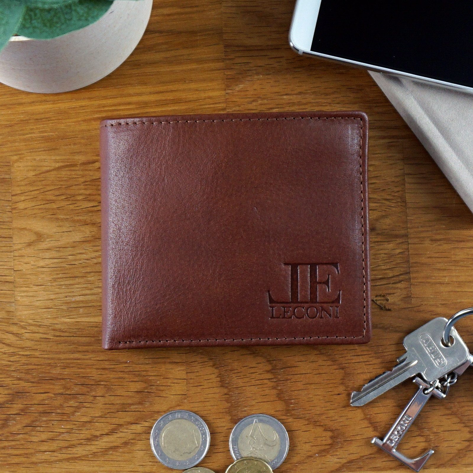 LECONI Geldbörse kompaktes Portemonnaie Herren Kartenetui RFID Portmonee Leder LE9034, 6 Kartensteckfächer, großes Münzfach + Ausweisfach, 11x9,5x2cm