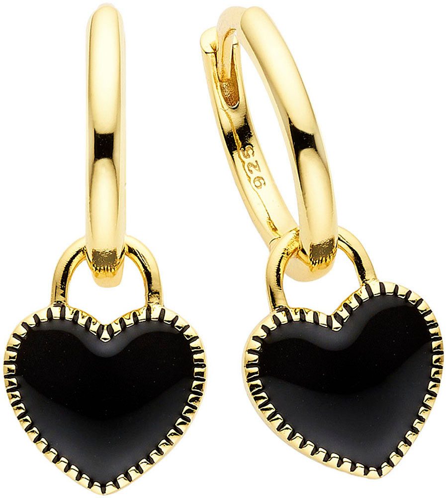 Paar Creolen Schmuck Geschenk mit Emaille Herzeinhänger schwarz