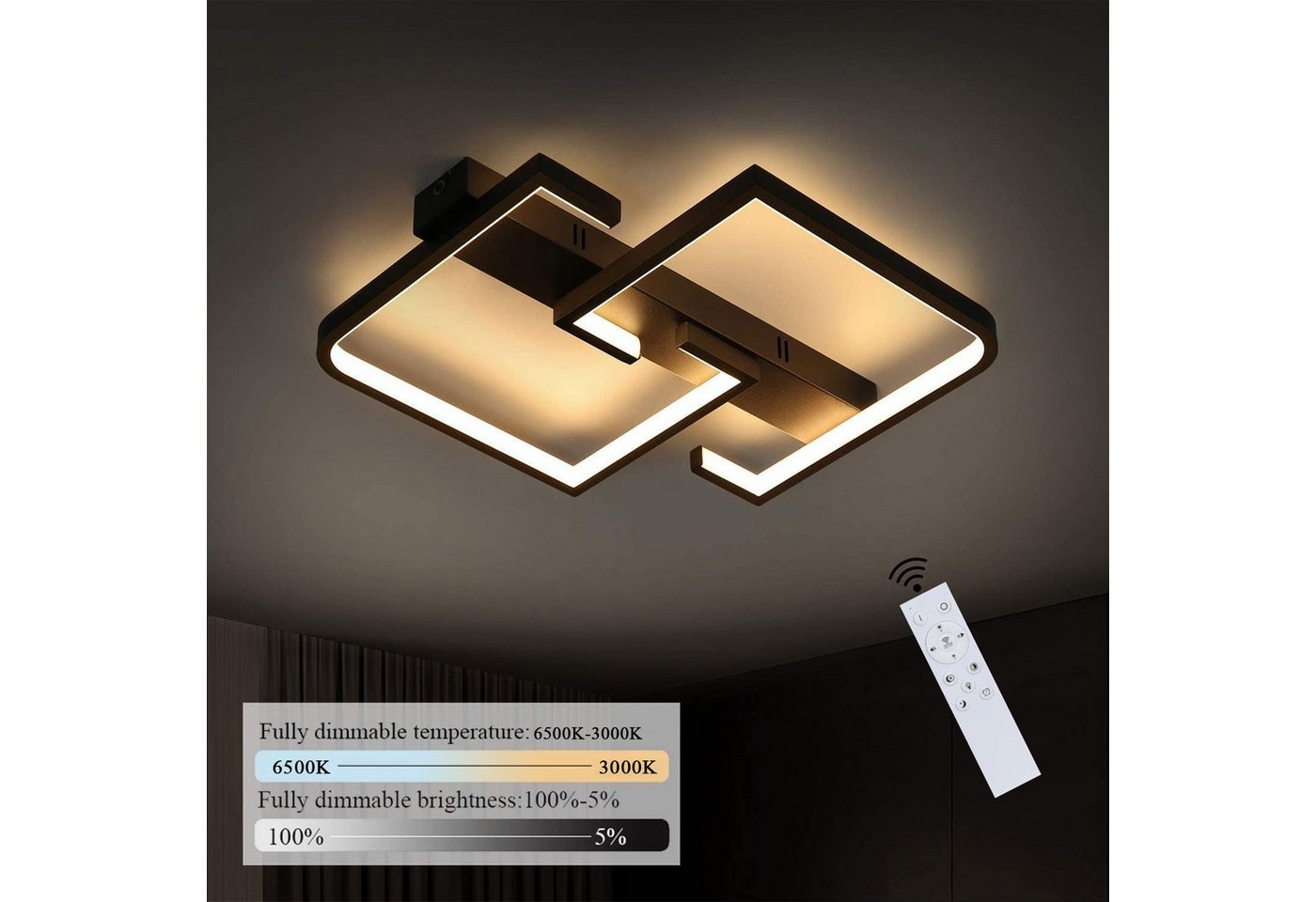 Nettlife LED Deckenleuchte Schwarz Dimmbar Fernbedienung 35W deckenlampe, LED fest integriert, Kaltweiß, Neutralweiß, Warmweiß