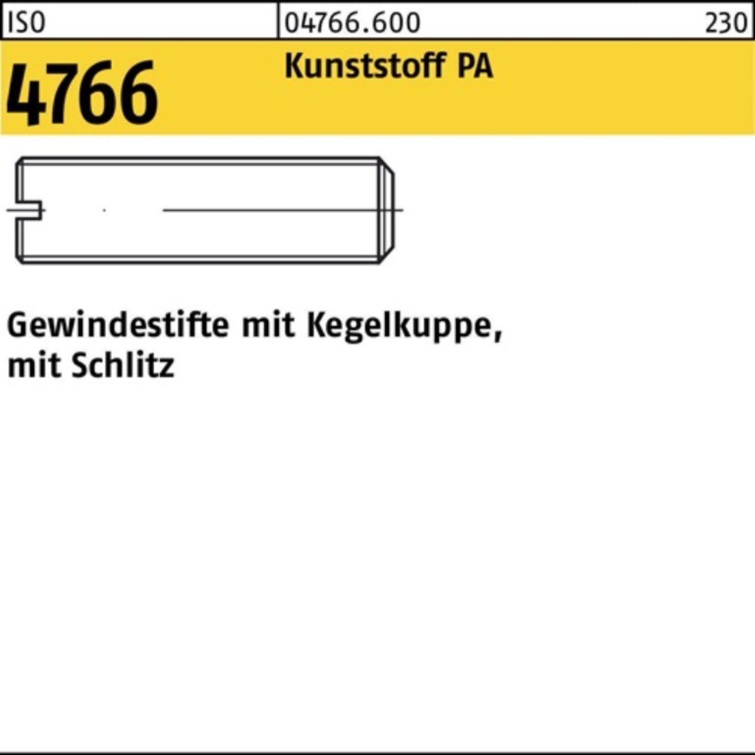 Reyher Gewindebolzen 100er Pack Gewindestift M8x Kegelkuppe/Schlitz ISO Polyamid 4766 10 10