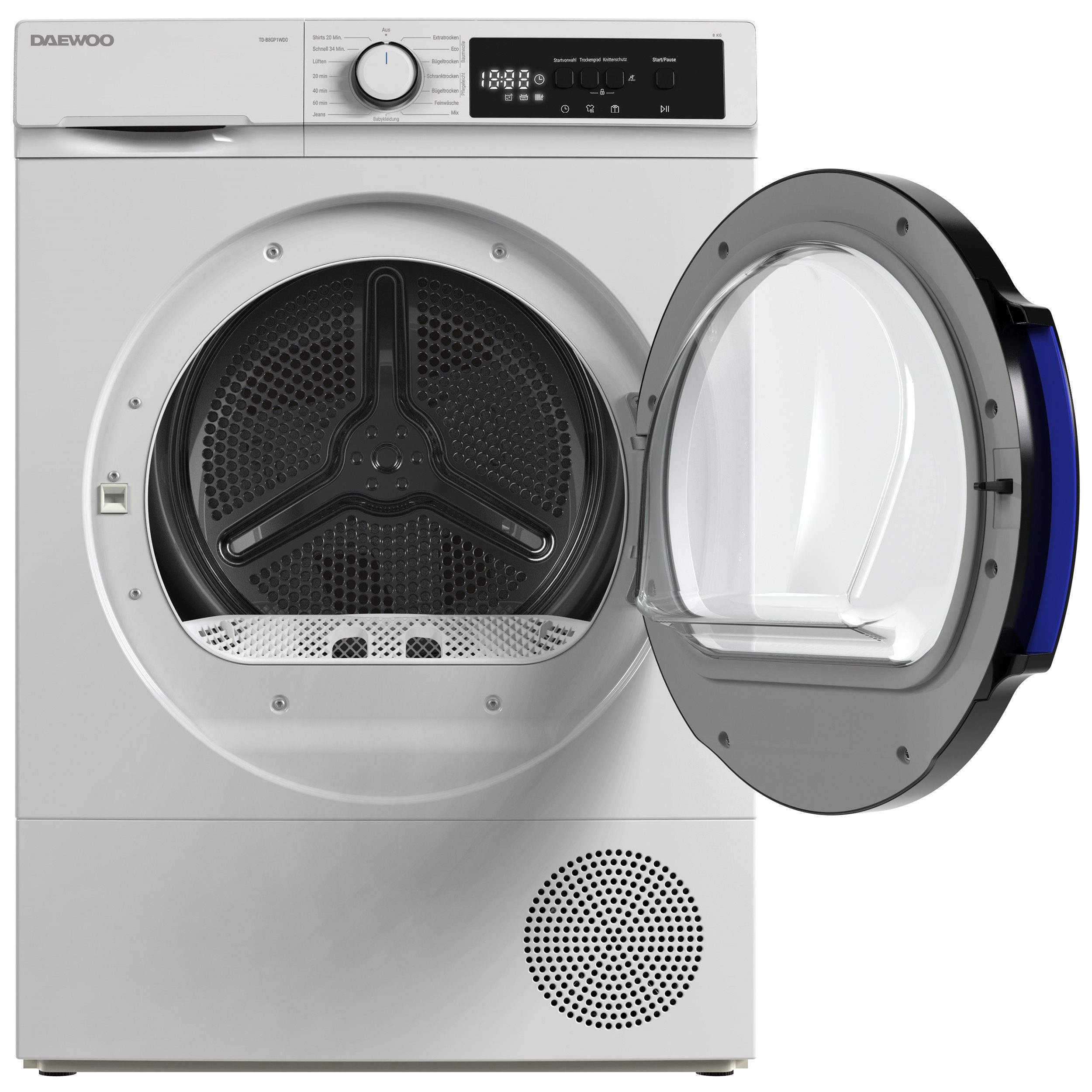 Daewoo Wärmepumpentrockner TD-B8GP1WD0-DE, 8kg Trockner, Wäschetrockner, 15 Programme, Knitterschutz, Baby-Care