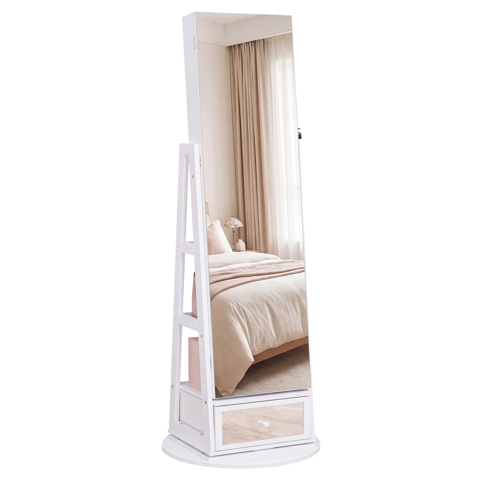SONGMICS Schmuckschrank mit Spiegel und Ablage 360° Drehbar Abschließbar 48,5 x 48,5 x 152,3 cm Weiß und Schwarz