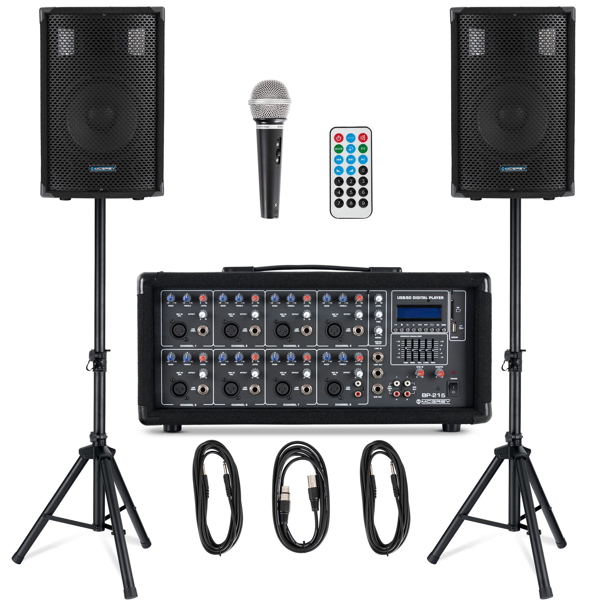 McGrey BP-215 Bandpack PA-Anlage Lautsprechersystem (Bluetooth, 150 W, inkl. 4-Kanal Powermixer - USB/SD-Slot - Mikrofon, Kabel & Stative)