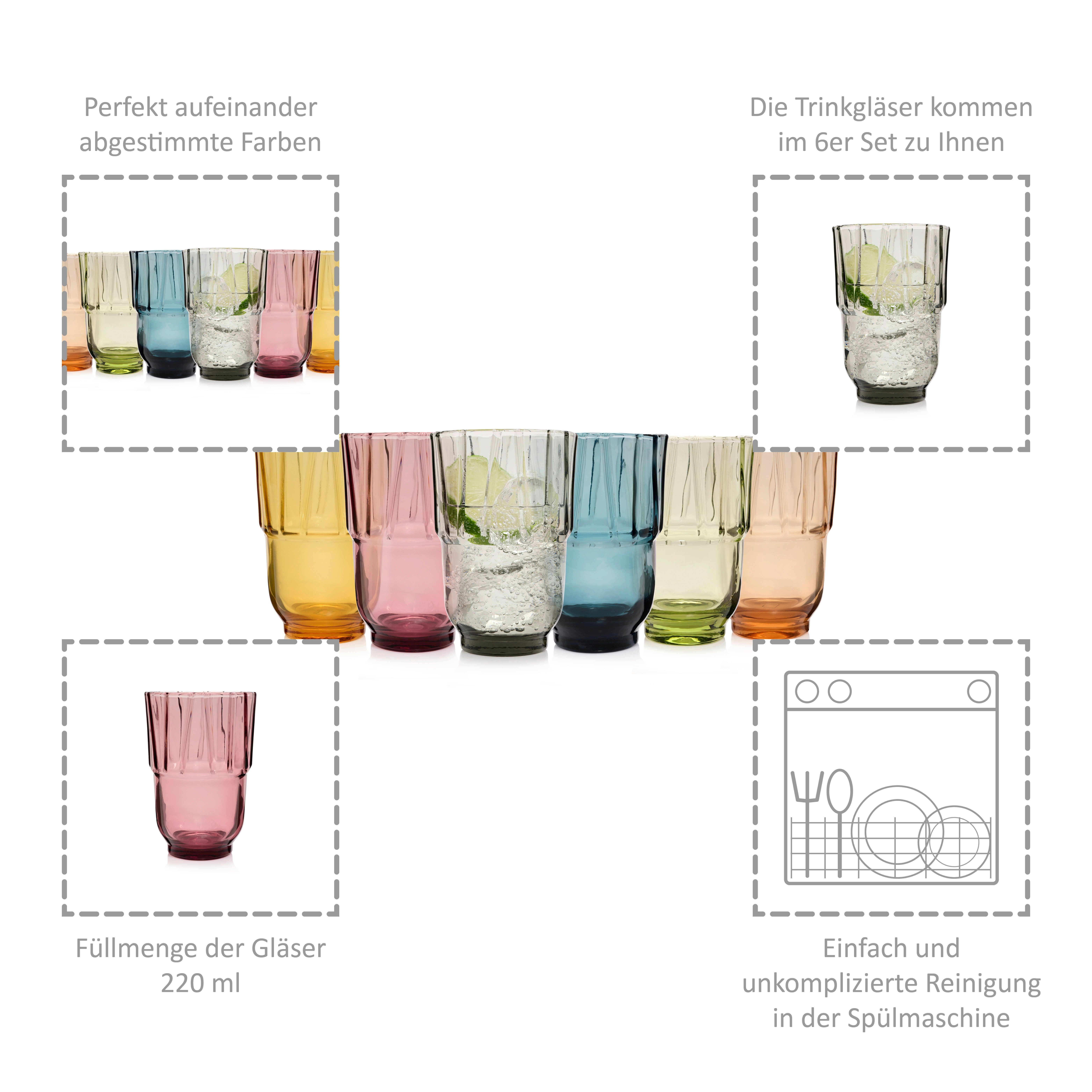 SÄNGER Gläser-Set Casablanca buntes Wassergläser Set, 6-tlg., Glas, 300 ml, spülmaschinengeeignet