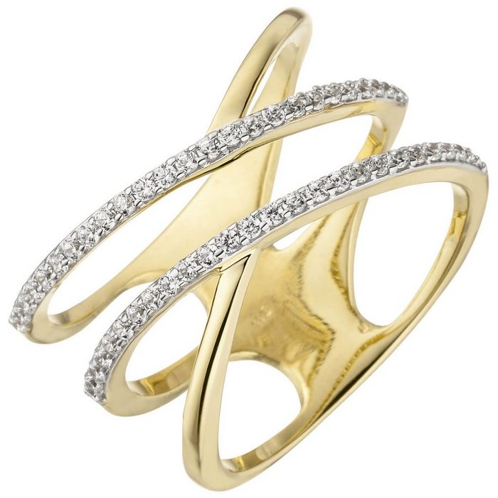 Schmuck Krone Fingerring Ring Damenring elegant verformt weiße Zirkonia breit 3-rreihig 375 Gold Gelbgold Gold 375