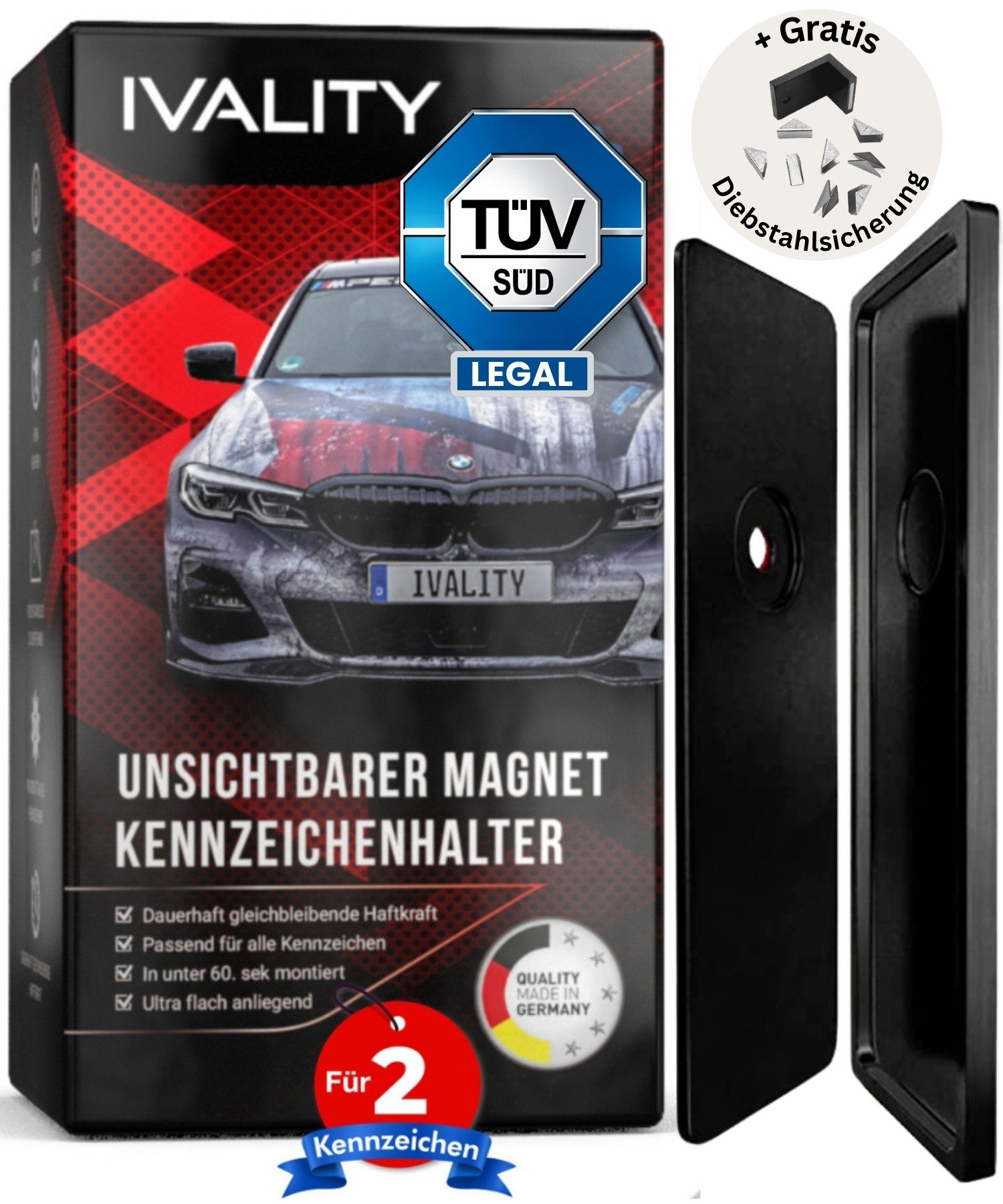 IVALITY Kennzeichenhalter Magnet - 100% Legal - Rahmenlose Halterung für 2 ALU Kennzeichen, (Das ORIGINAL - Premium Set -, 2-St., 100% Legal), Stärkste Magnete weltweit