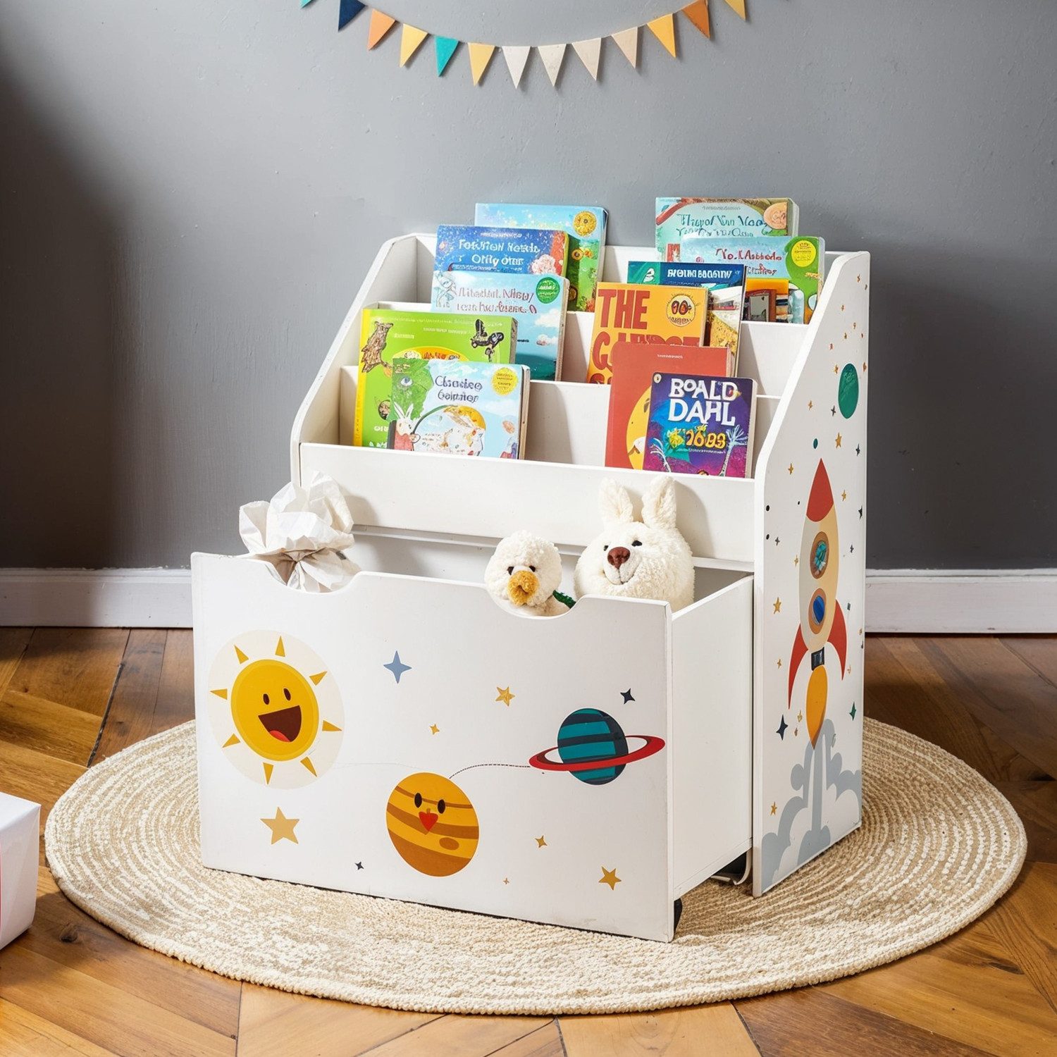 SONGMICS Spielzeugtruhe Bücherregal für Kinder, Kinderregal, mit Kippschutz, auf Rollen, 70cm Höhe