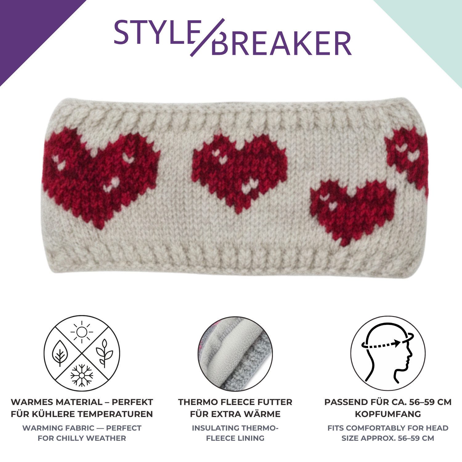 styleBREAKER Stirnband Strick Stirnband mit Herz Muster (1-St)