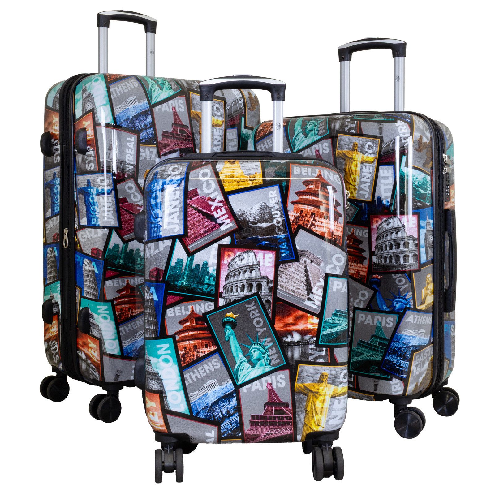 Trendyshop365 Hartschalen-Trolley City bunter Motivoffer 3 Größen Städte Mix, Zahlenschloss, Polycarbonat, Dehnfalte