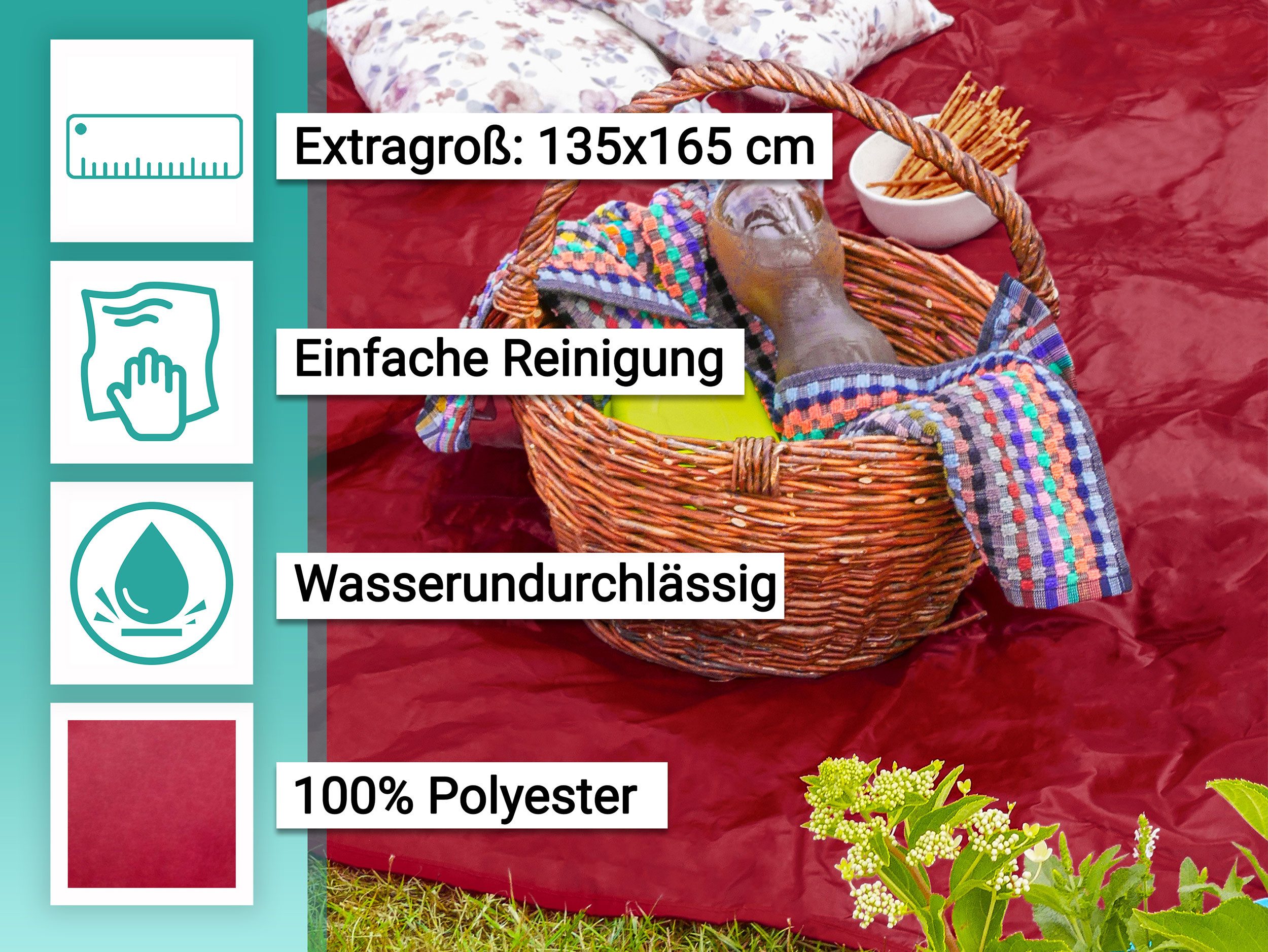Picknickdecke, ZOLLNER, 135 x 165 cm, 100% Polyester, wasserabweisend, praktische Tragetasche