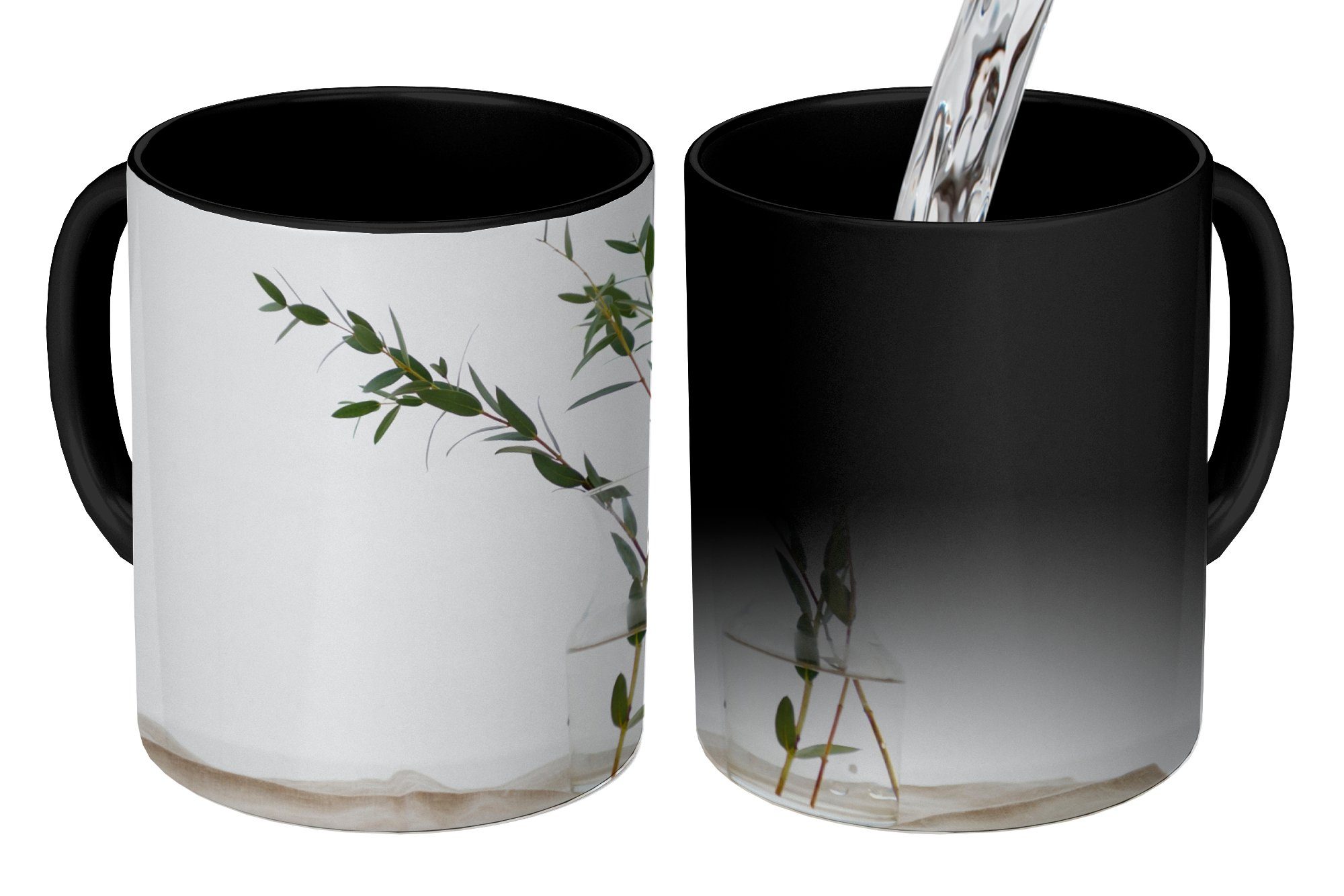 Keramik, Zaubertasse, Tasse MuchoWow Geschenk Teetasse, in einer Farbwechsel, Eukalyptuszweige Kaffeetassen, Glasvase,