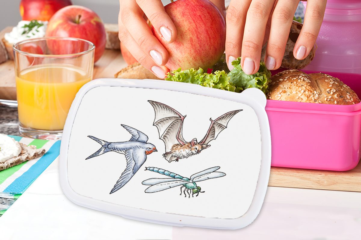 MuchoWow Lunchbox (2-tlg), Kunststoff, Kinder, Mädchen, Aquarell, Snackbox, Erwachsene, Brotbox - Tiere Brotdose Kunststoff rosa Bleistift - für