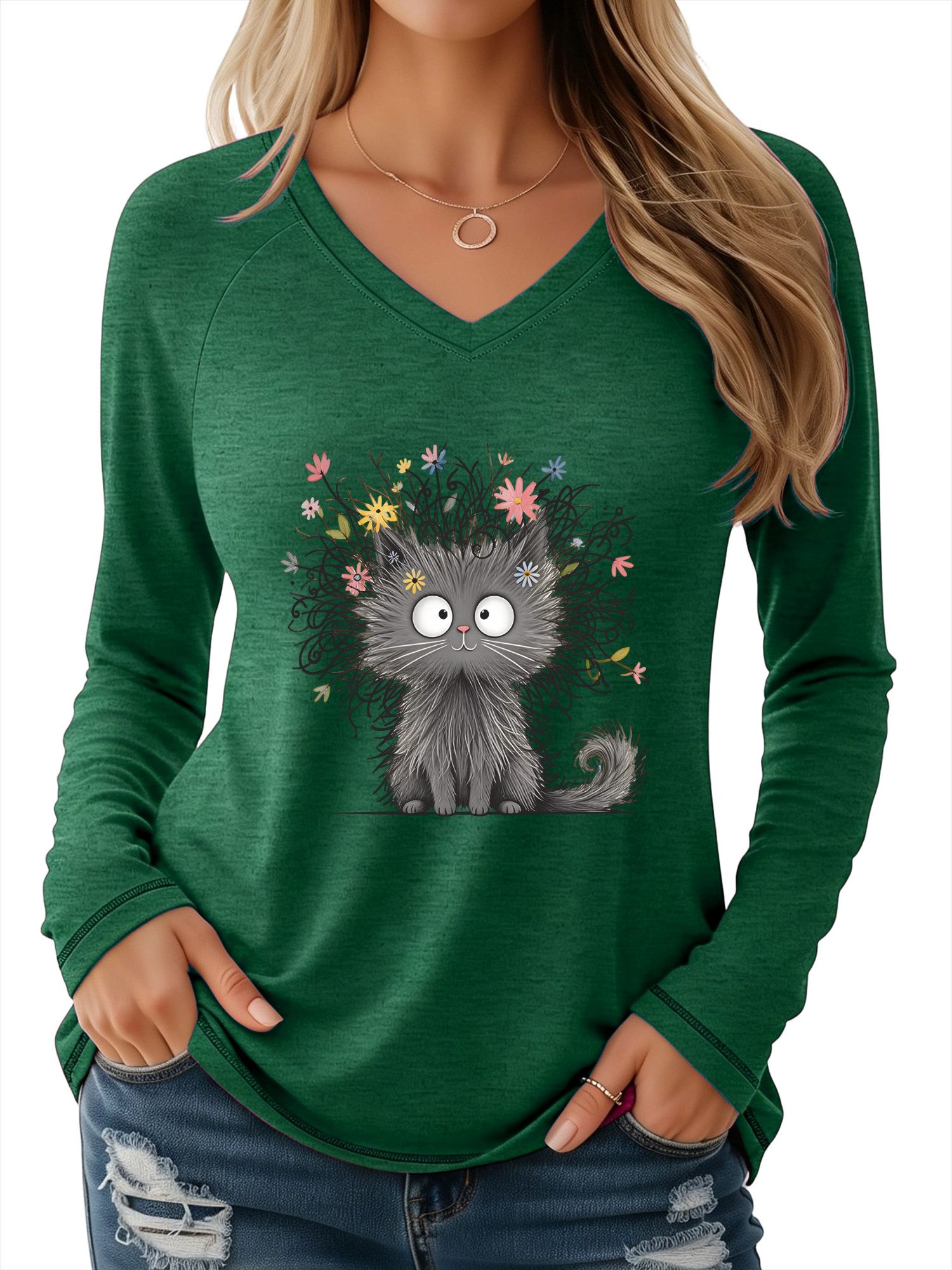 PYLIKE Print-Shirt Damen Herbst Casual Longsleeve Basic-Shirts mit Süße Katze