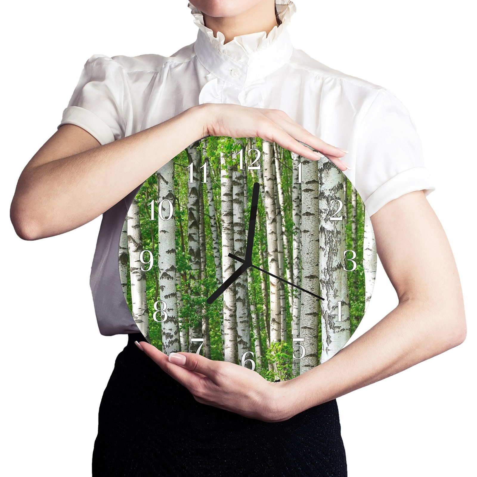 Glas 30 - Motiv Bäume und Primedeco cm Quarzuhrwerk Durchmesser mit Rund Wanduhr mit Birkenwald aus Wanduhr im