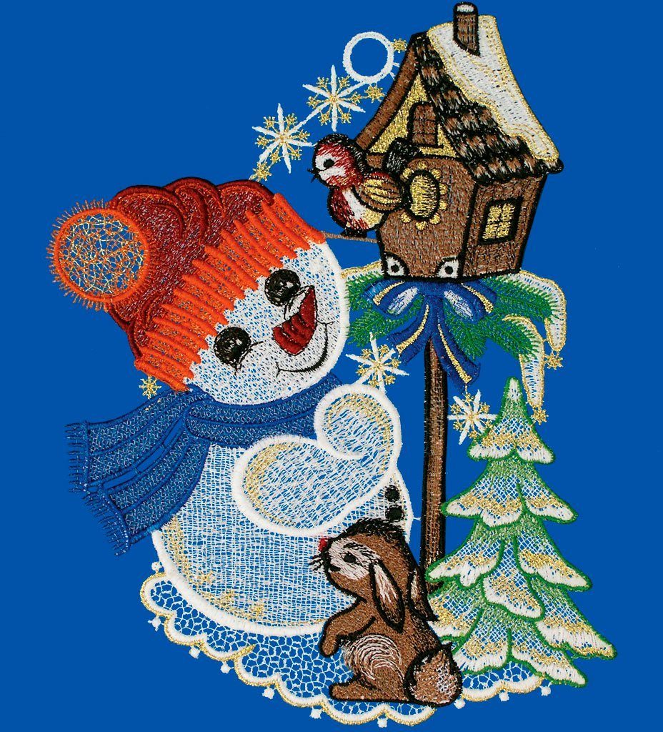 W. Reuter & Sohn - Plauener Spitze® Fensterbild Süßer Schneemann, Made in Germany