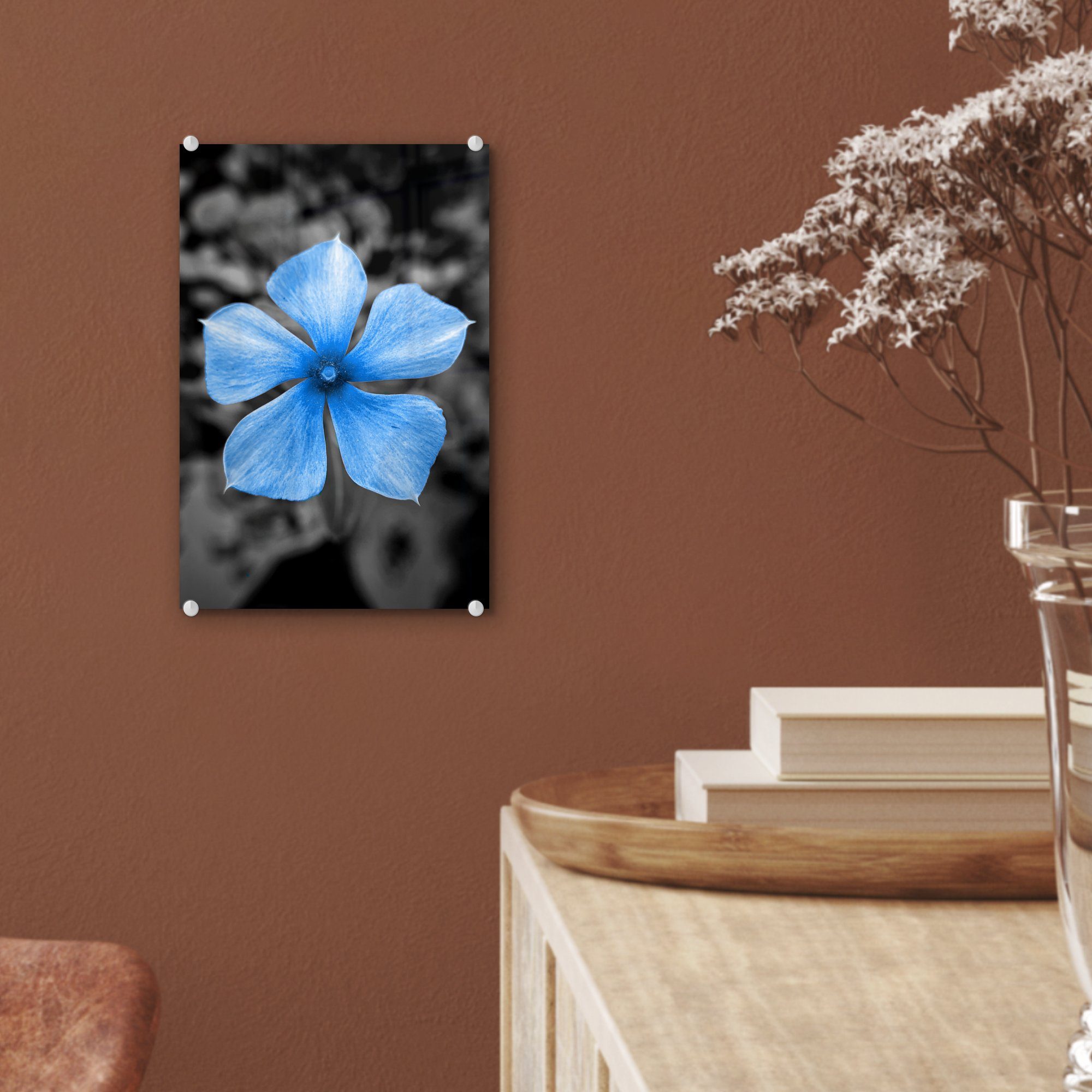 Weiß, - - Blumen Bilder - Glasbilder auf Blau Glas Glas St), Foto MuchoWow Wandbild (1 Acrylglasbild - - auf Schwarz Wanddekoration -