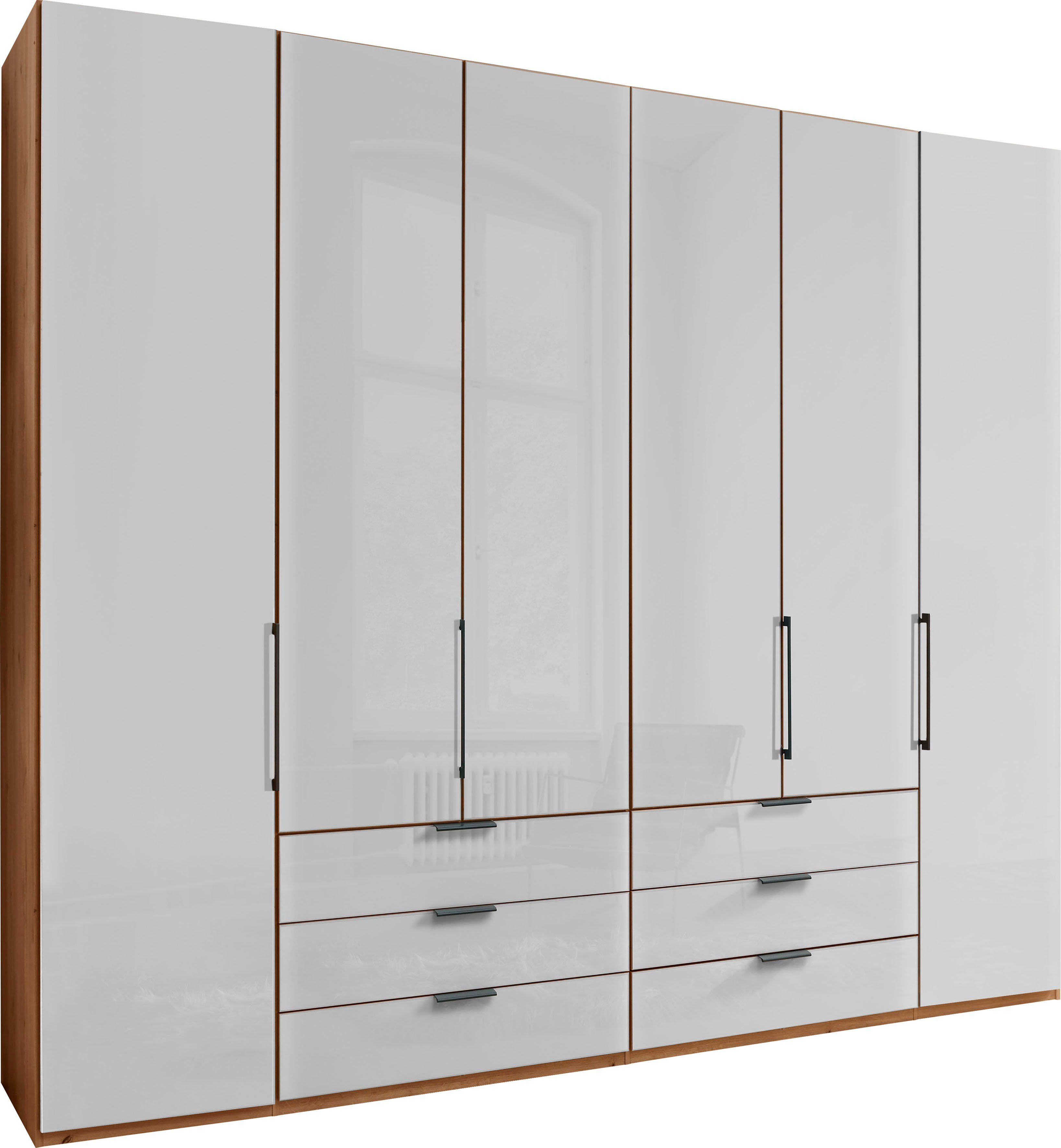 WIEMANN Falttürenschrank Monaco, Kleiderschrank, Schrank, Wäscheschrank, mit edler Glasfront (2 Breiten, 2 Höhen 216/236 cm auswählbar, MADE IN GERMANY) inkl. gepämpften Schubkästen und Türen, mit Panoramaöffnung