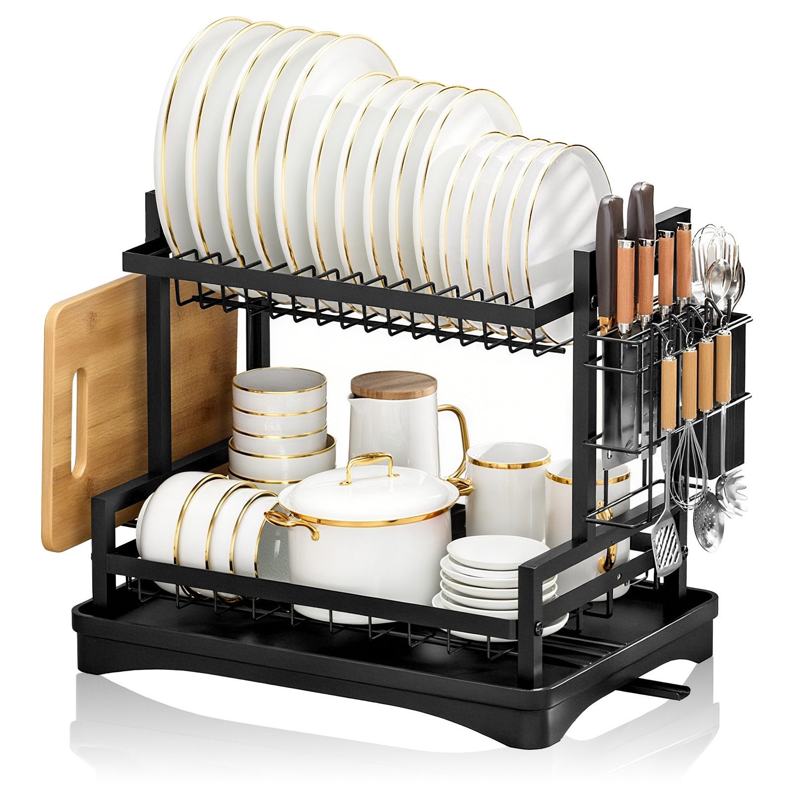 kisidus Geschirrständer 2-stufiges Abtropfgestelle für Geschirr, Geschirrabtropfgestell, Zubehör für Küche mit Tassenhalter, Utensilienhalter, Schneidebretthalter und Drainageplatte, 360°-Abfluss, multifunktionales Abtropfgestell-Set