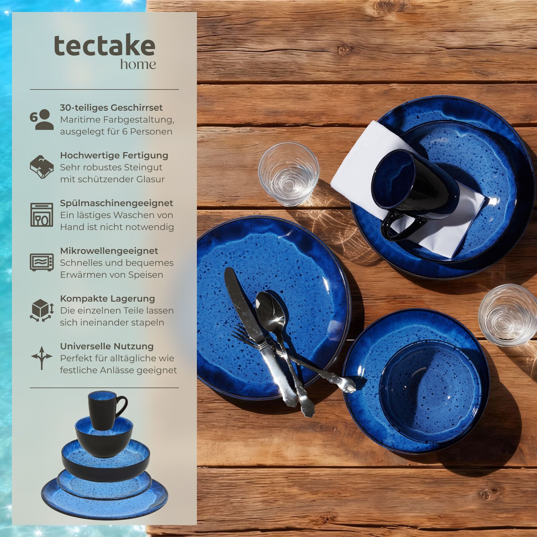 tectake Geschirr-Set Tafelservice aus Steingut für 6 Personen, ineinander stapelbar (30-tlg), 6 Personen, Steingut, handgefertigt, mit Glasur, spülmaschinen- un – Bild 2 von 5