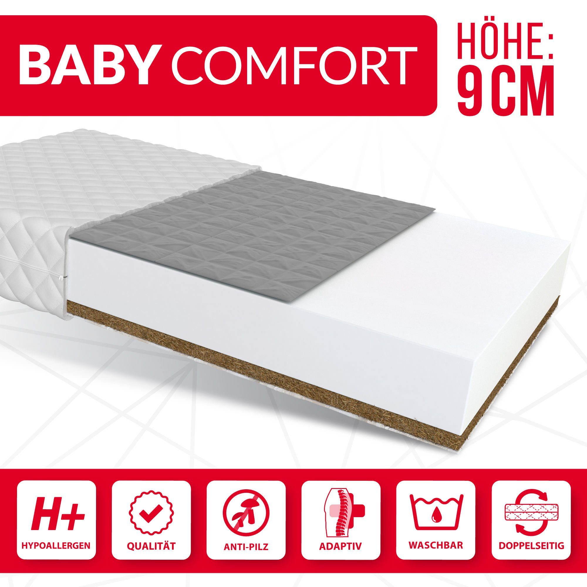 Möbel Babymöbel Kindermatratze BABY COMFORT, FDM, 9 cm hoch, (1), Wendematratze, H2/H3, 9 cm hoch