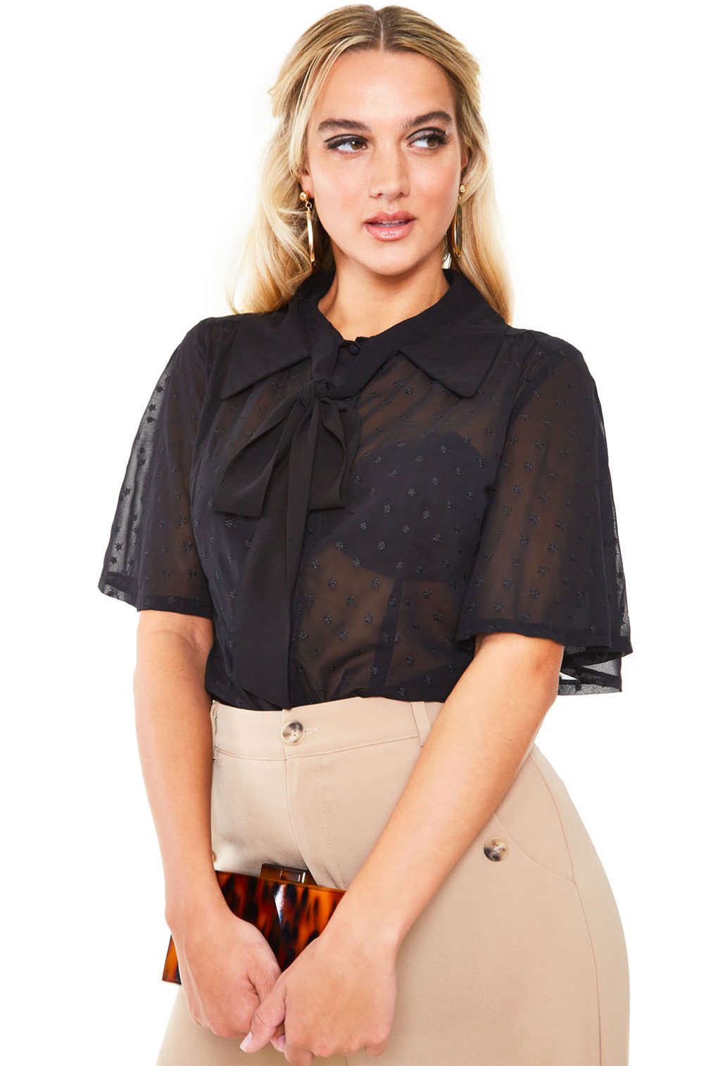 Voodoo Vixen Blusenshirt Flutter Sleeves Bow Black Chiffon