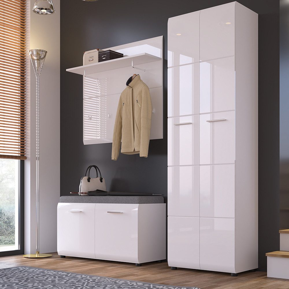 Lomadox Garderoben-Set MALABO-129, (Spar-Set, 3-St), Garderobenbank mit Sitzpolster, weiß Hochglanz