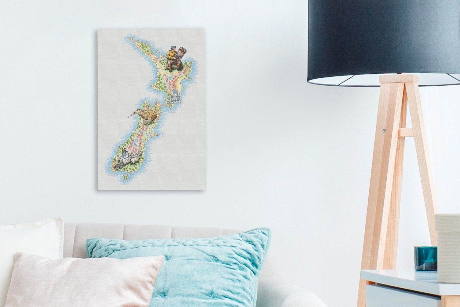 inkl. Neuseeland, St), einer cm Karte Illustration Leinwandbild 20x30 bespannt (1 von Eine Leinwandbild Zackenaufhänger, fertig Gemälde, OneMillionCanvasses®
