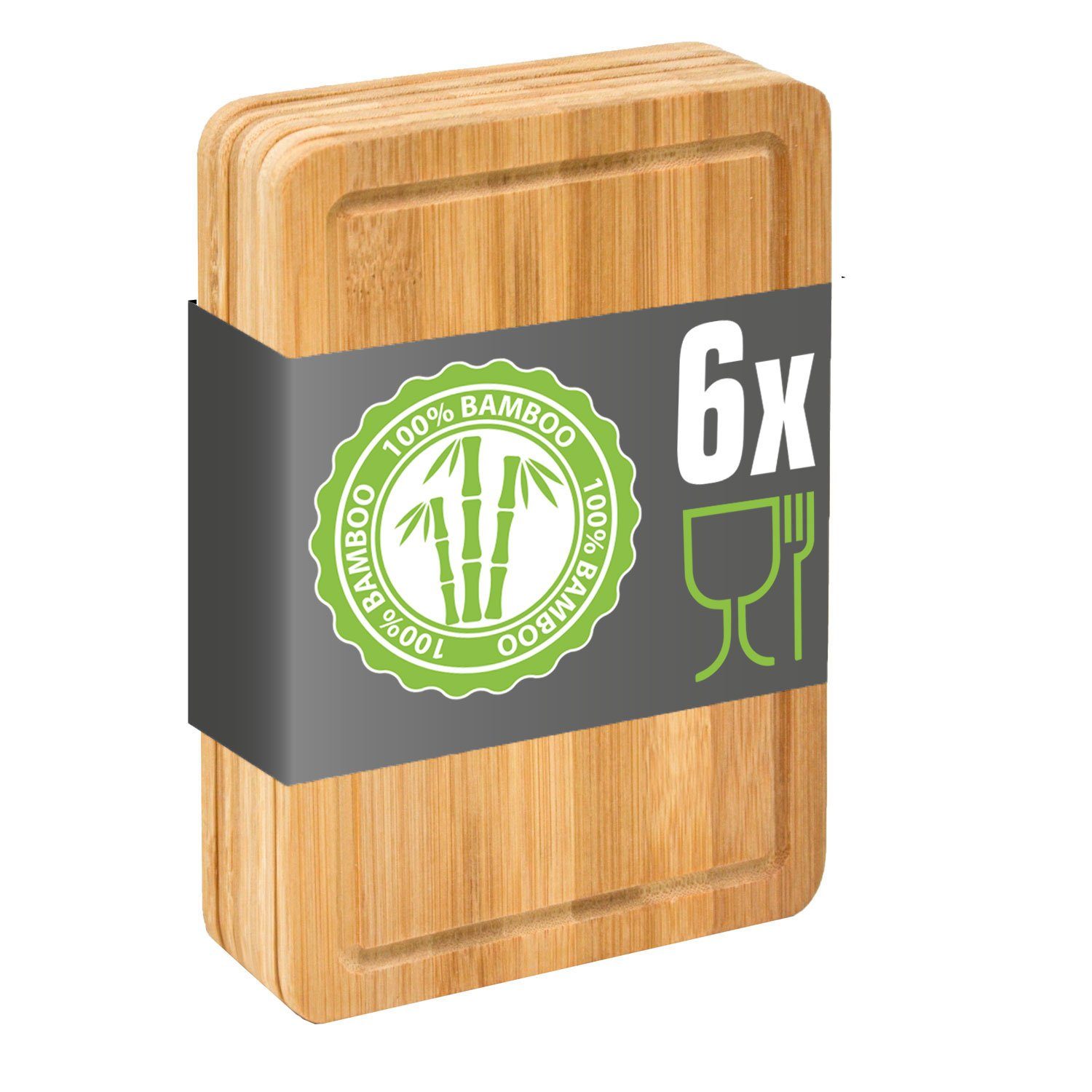 DuneDesign Schneidebrett 6er Set Frühstücksbrett Bambus 22x15 - Holz Küchenbrett mit Saftrille, Bambus, Brotzeitbrett Antibakteriell - Schneidebrett Hitzebeständig Hygienisch