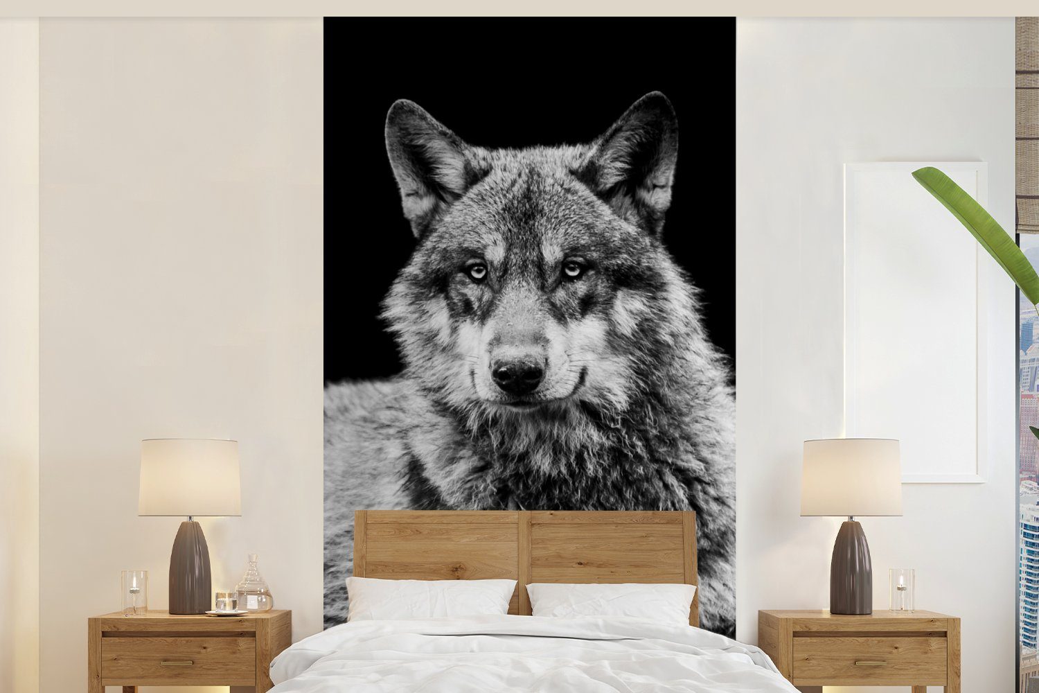 MuchoWow Fototapete Wildlife - Wolf - Schwarz - Weiß, Matt, bedruckt, (2 St), Vliestapete für Wohnzimmer Schlafzimmer Küche, Fototapete | Fototapeten