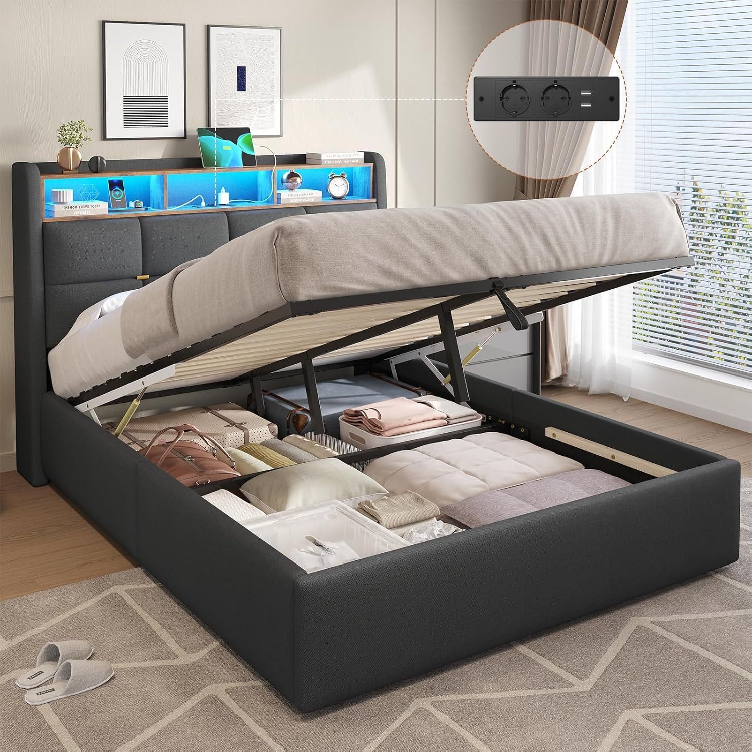 MSMASK Polsterbett mit LED Beleuchtung und Steckdosenleiste, hydraulisches günstig online kaufen