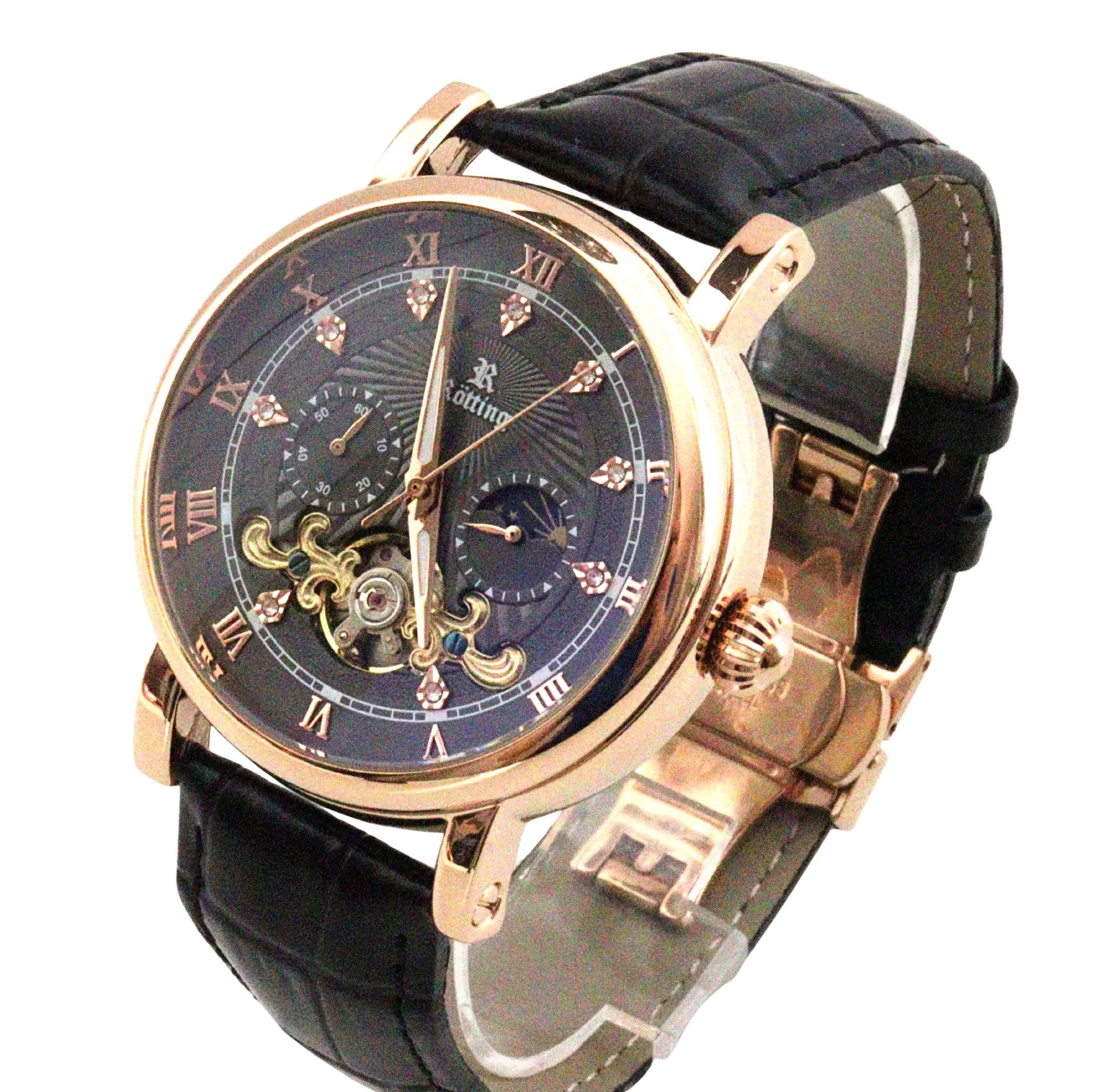 Rötting Design Automatikuhr Herrenuhr Armbanduhr Tag/Nacht Phase schwarzes Ziffernblatt, Tag/Nacht Phasen Anzeige, goldrosefarbenes Gehäuse