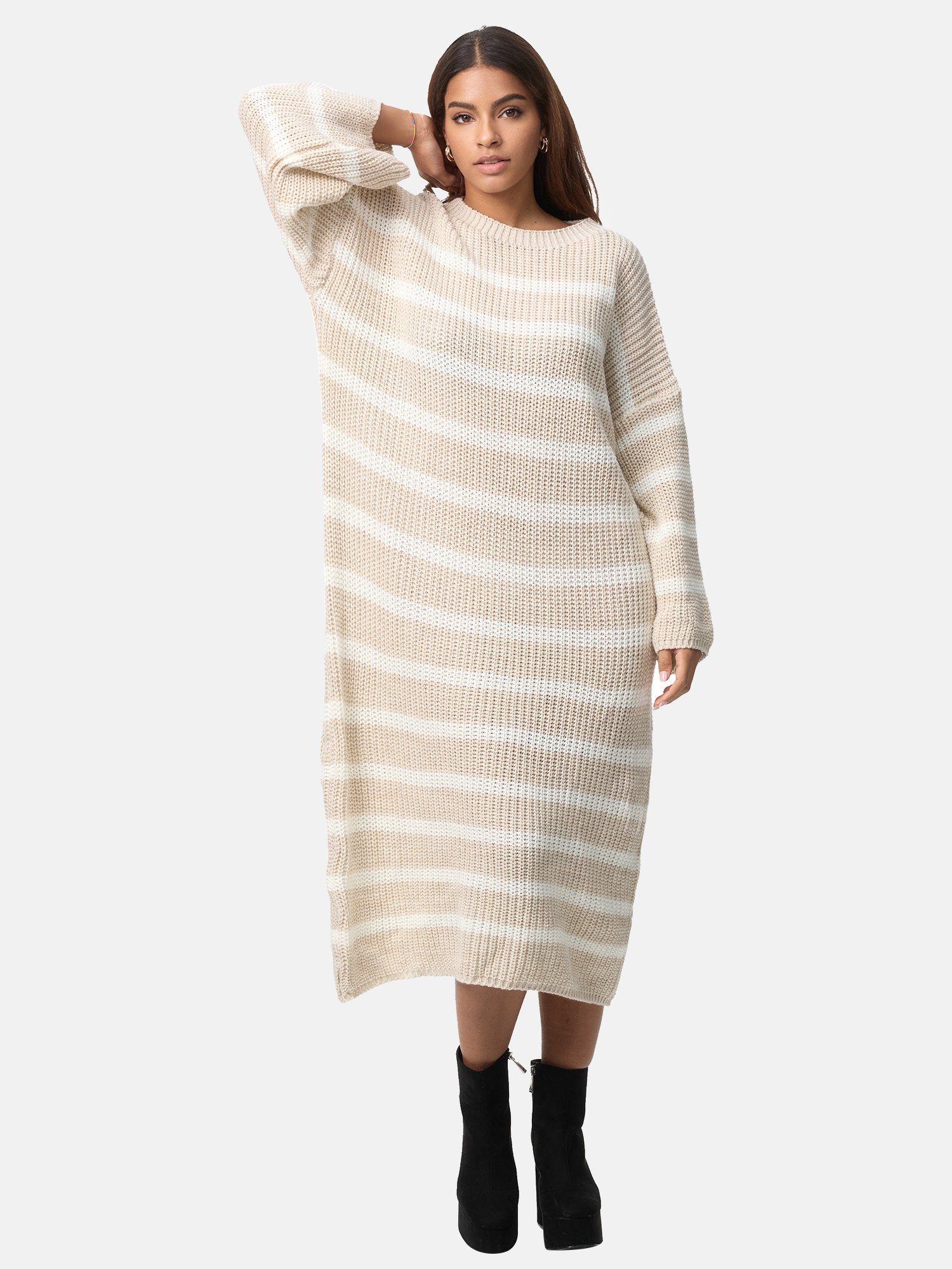 Damen Strickpullover Gestreift Strickkleid Beige Elara Elara (1-tlg)