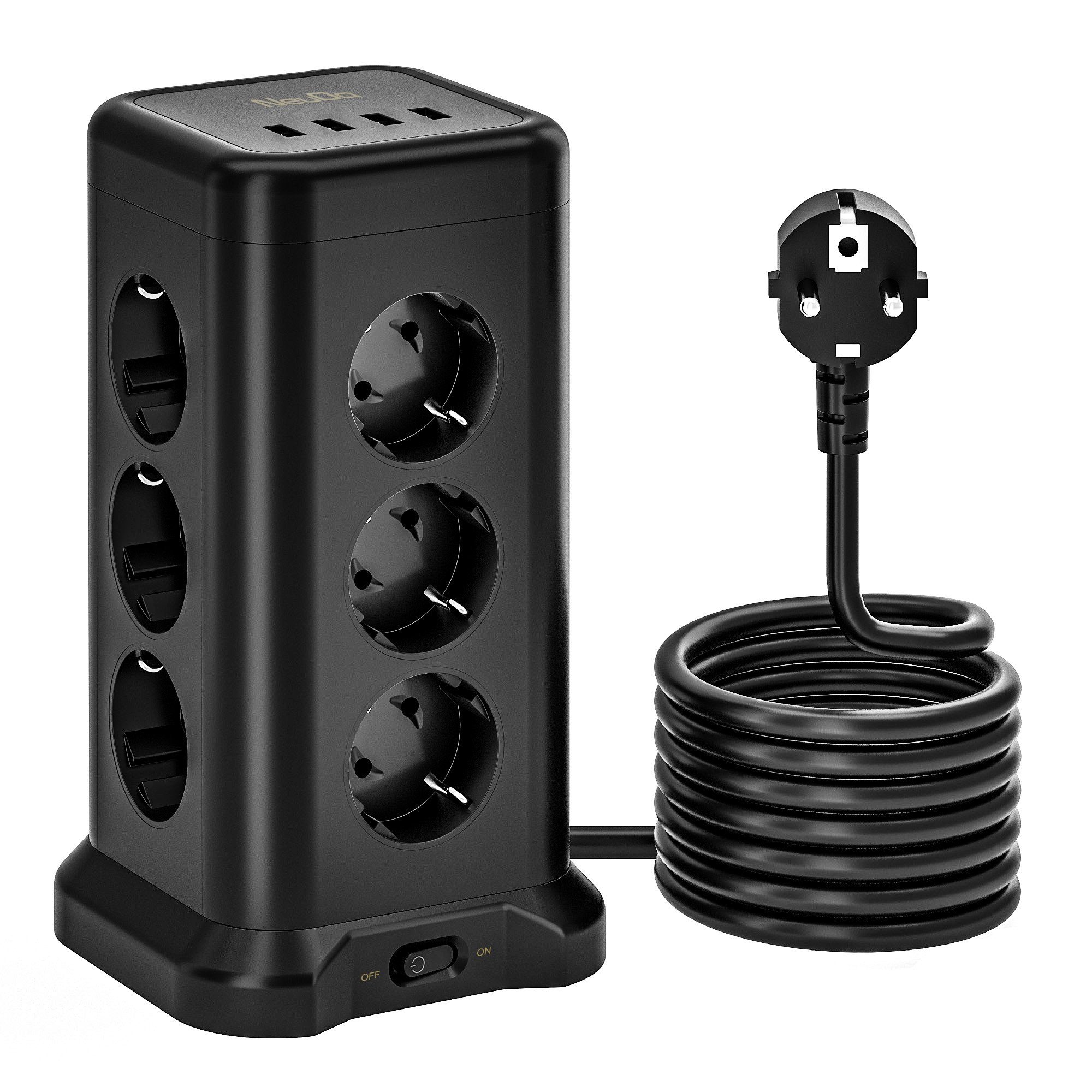 neue dawn 12 Fach Mehrfachsteckdose mit 4 USB Steckdosenturm Steckdosenleiste Mehrfachsteckdose 12-fach (mit überspannungsschutz, Kabellänge 2 m), Ein-/Ausschalter,Mehrfachsteckdose,Verlängerungskabel,Schwarz