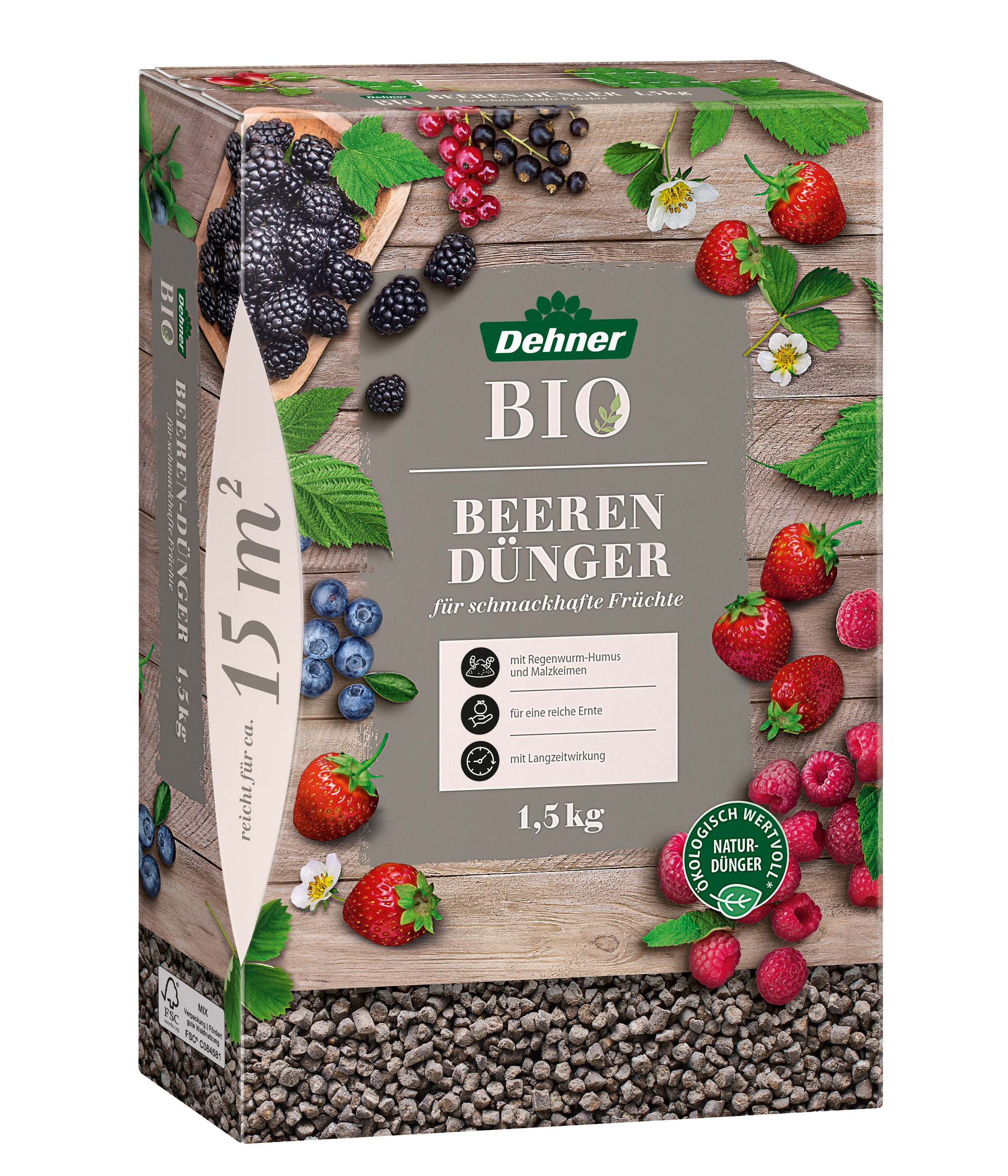 Dehner Gartendünger Bio Beerendünger, hochwertiger NPK-Dünger, 1.5 kg, für ca. 15 qm, natürliche Langzeitwirkung, mit Spurennährstoffen