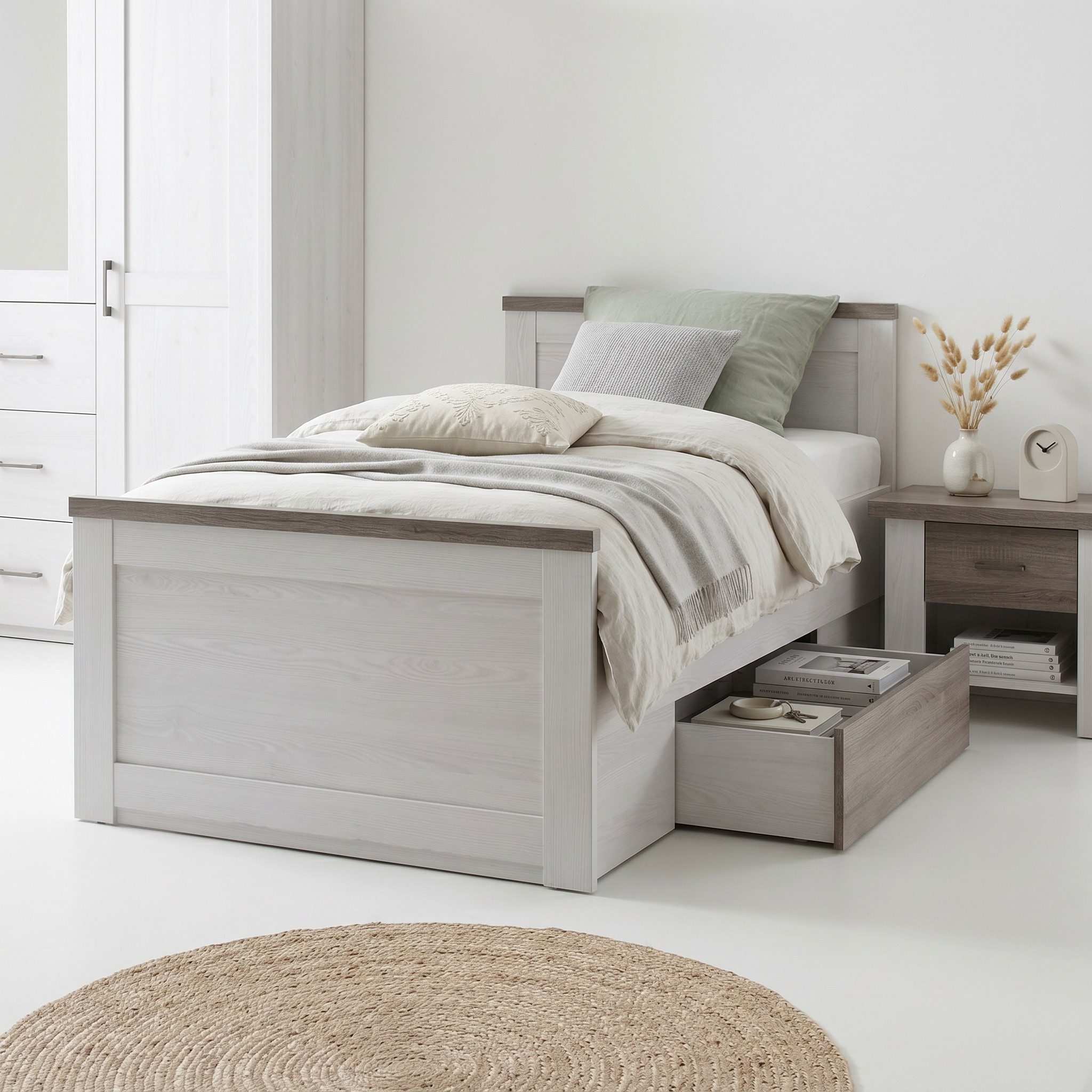 bv-vertrieb Schlafzimmer-Set Komfortbett Kleiderschrank Nachtkonsole Pinie weiss-trüffel