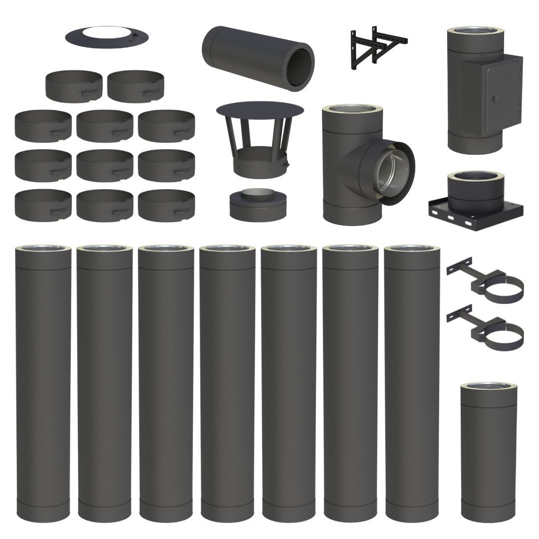 Jeremias Schornstein 8 m EdelstahlSchornstein Ø130mm Komplettset DW DW-Black Wandmontage, Ø 130 mm