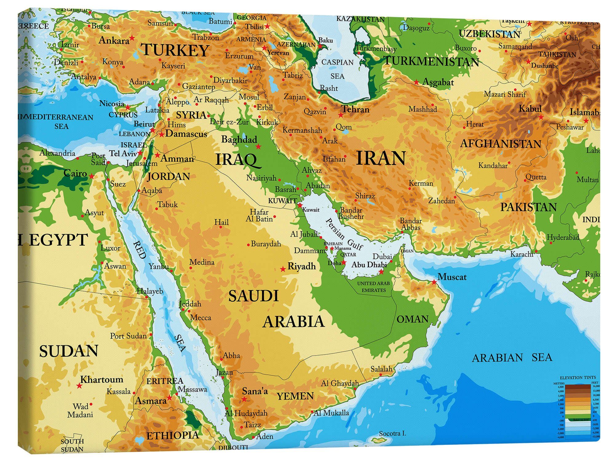 Posterlounge Leinwandbild Editors Choice, Naher Osten - Topographische Karte, Wohnzimmer Illustration