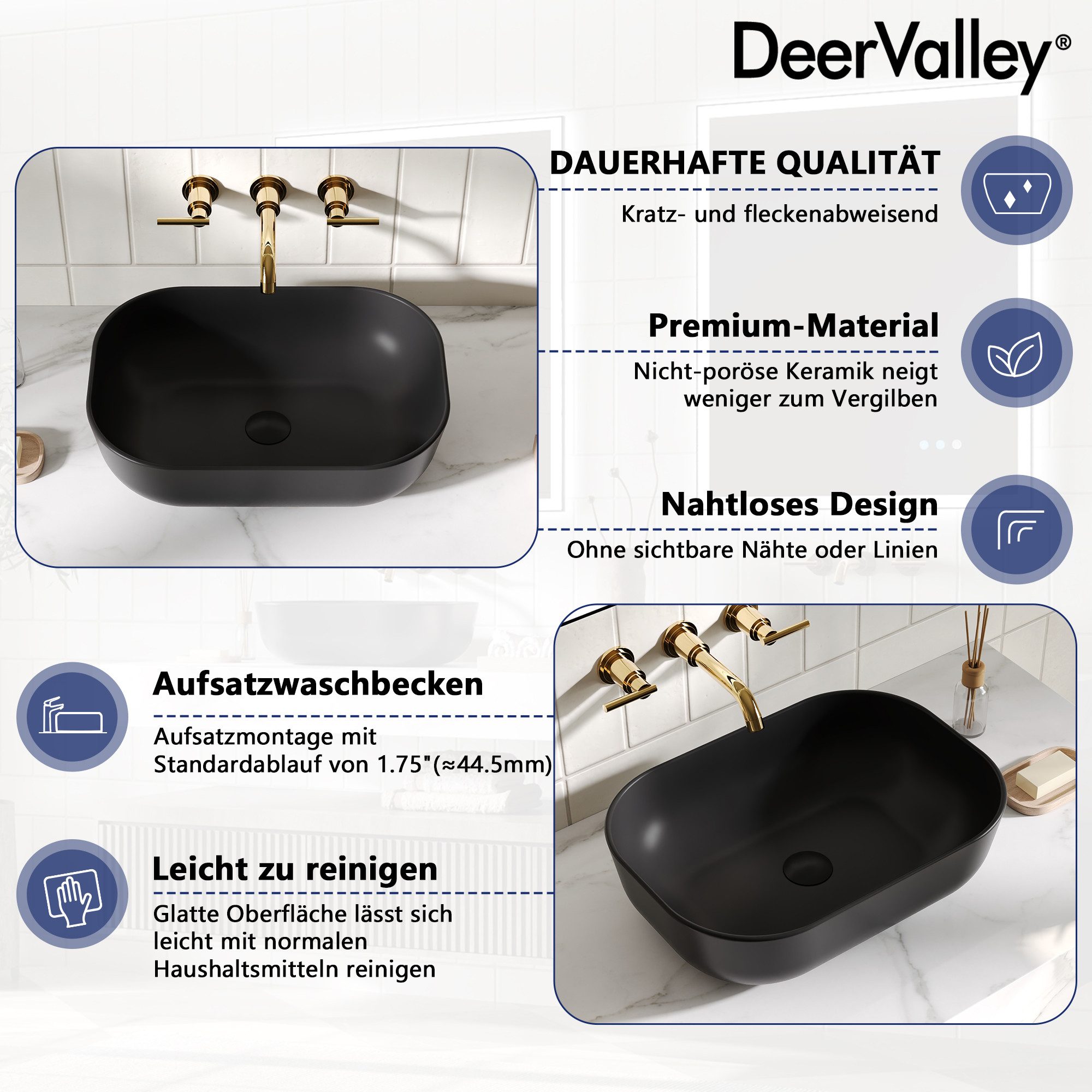 DeerValley Waschbecken DeerValley Oval-Aufsatzbecken, Schwarz, Hochglanz, 50,8x40,6cm (Packung), mit Hochglanzglasur für Badezimmer & Gäste-WC – Bild 3 von 5