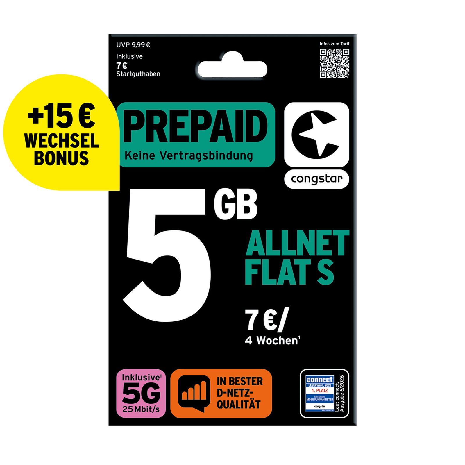 Congstar Prepaid Allnet S SIM-Karte ohne Vertrag 5G mit 25 Mbit/s Prepaidkarte, (EU-Roaming inkl. CH, 7 € Startguthaben)