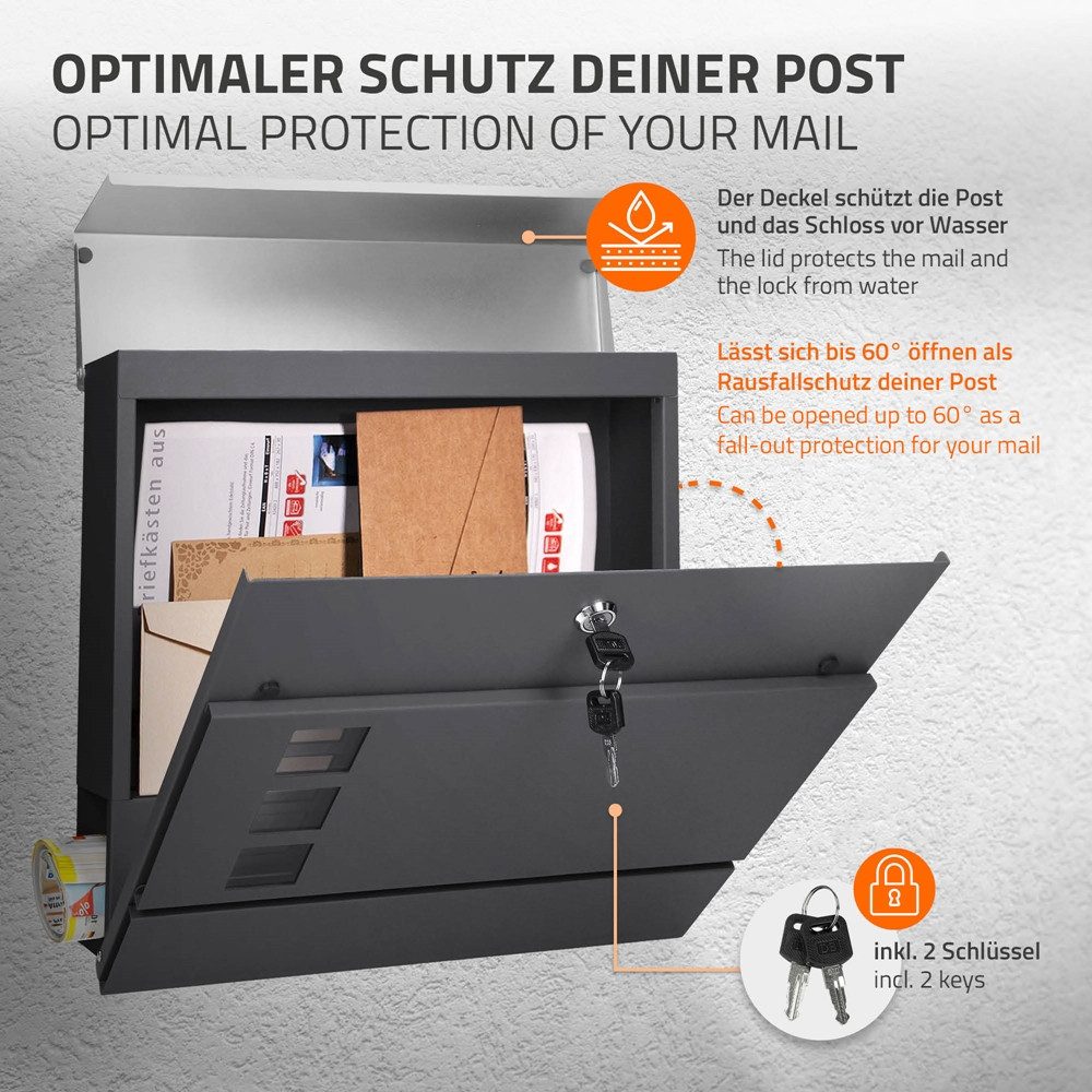 ML-DESIGN Briefkasten Wandbriefkasten Postkasten Design Briefkastenanlage Postbox, Standbriefkasten mit Zeitungsfach inkl. 2 Schlüssel Stahl