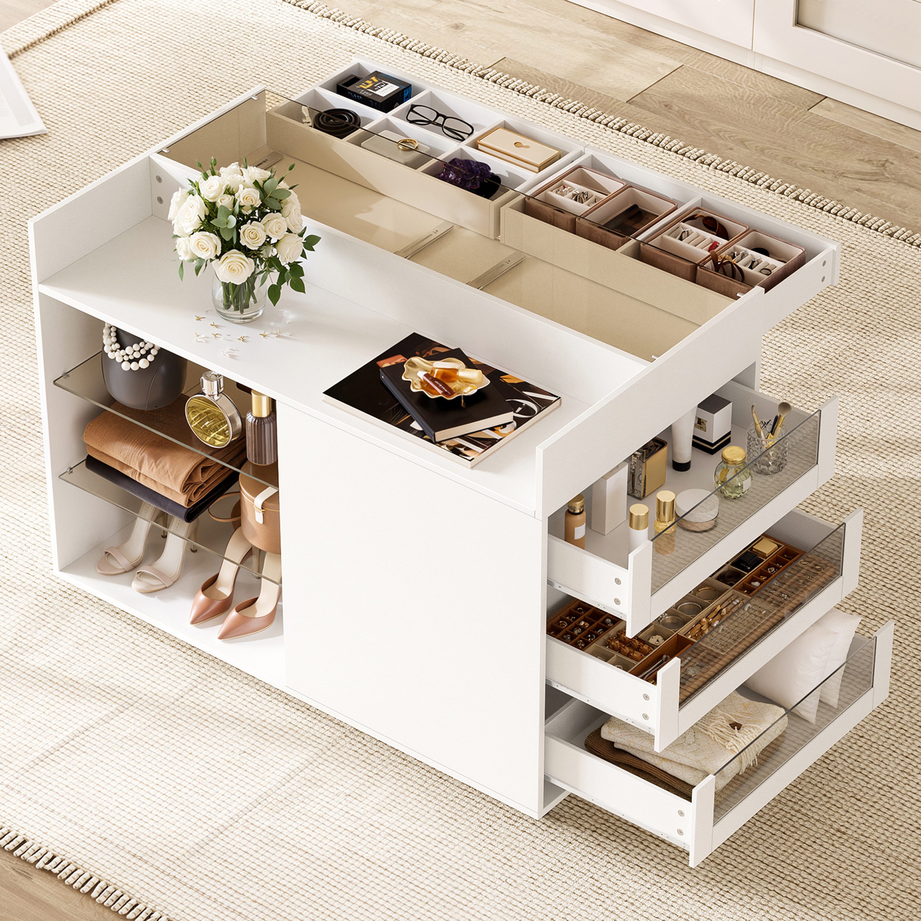 Flieks Kommode mit Glas-Arbeitsplatte & verstellbaren Glaseinlegeböden und Lenkrollen (1 St., B100/T60/H79 cm), Mehrzweckschrank Schmuckschrank Holzschrank mit  – Bild 3 von 5