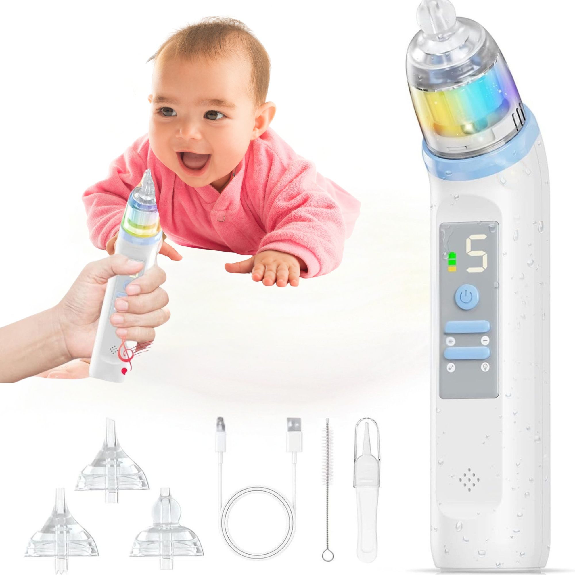 Vivitar Аспіратори für Babys Elektrischer Nasal Aspirator mit 5 Saugstufen, Nasensekret-Absauger für sanfte Nasenreinigung unterwegs und zu Hause, Аспіратори für Neugeborene und Säuglinge – hygienisch und leise, Musik & Licht – wiederaufladbar, IPX6 wasserdicht, BPA-freie