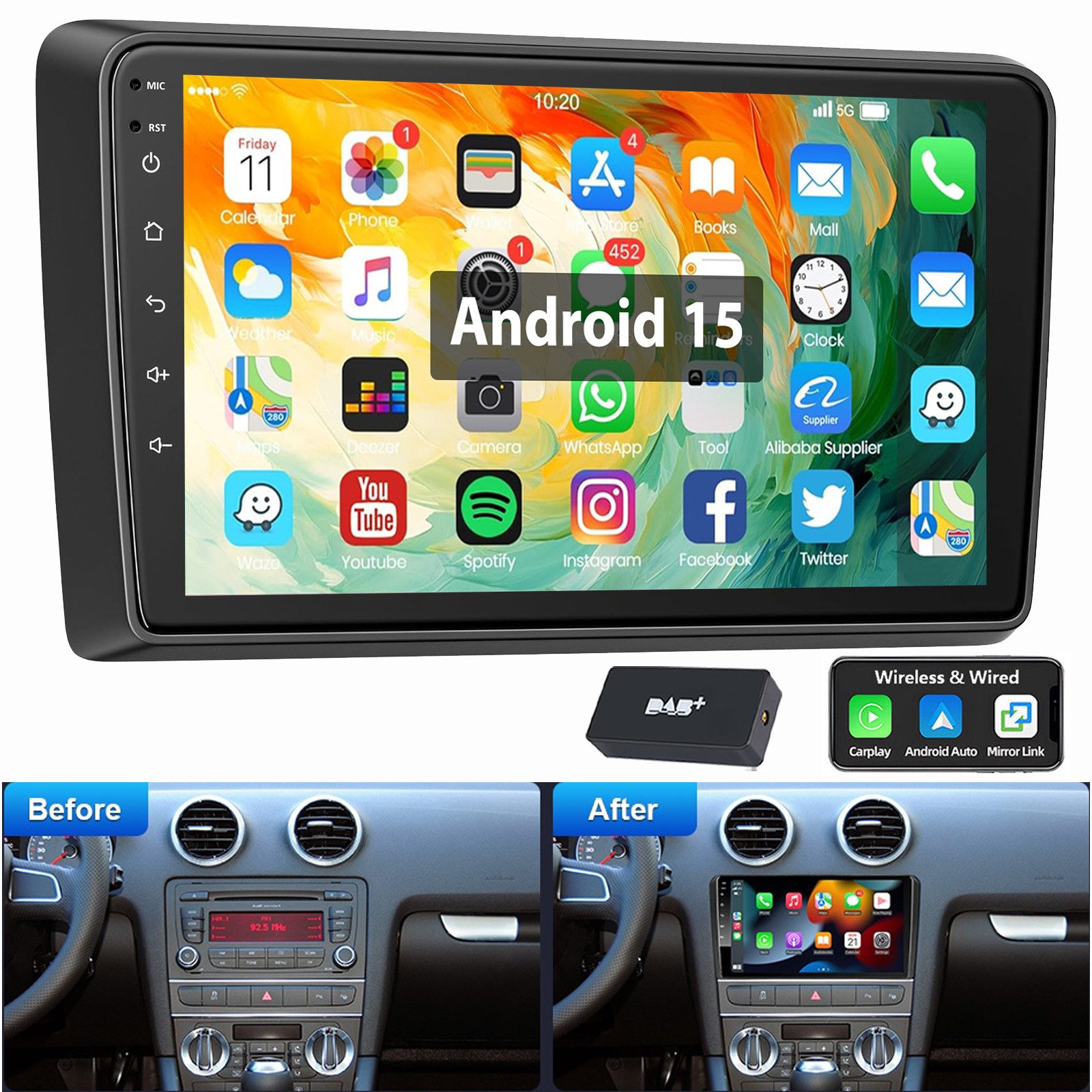 ESSGOO Für AUDI A3 8P 2003-2012 Android 15 Carplay GPS Navi Autoradio (RDS, Digitalradio (DAB), FM, AM, 2 DIN Carplay Bluetooth Navigationsgeräte Rückfahrkamera(optional)
