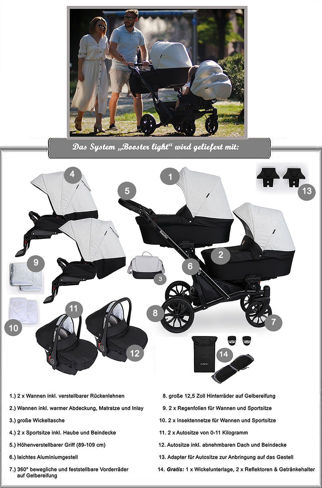 Kinder Kinderwagen babies-on-wheels Geschwisterwagen Zwillingskinderwagen 3 in 1 Booster Light - 14 Teile - von Geburt bis 4 Jah