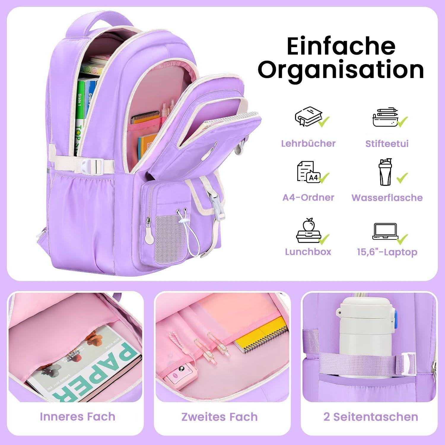 MOPUEA Schulrucksack Schultasche Mädchen Teenager Kawaii 23 L für 3.-7. Klasse (Schulrucksack-Set mit Lunch Tasche und Federmäppchen, 4-tlg., Mit Schulrucksack Lunch Tasche Federmäppchen und Geldbörse), Leicht Wasserabweisend Großes Fassungsvermögen Ergonomisch