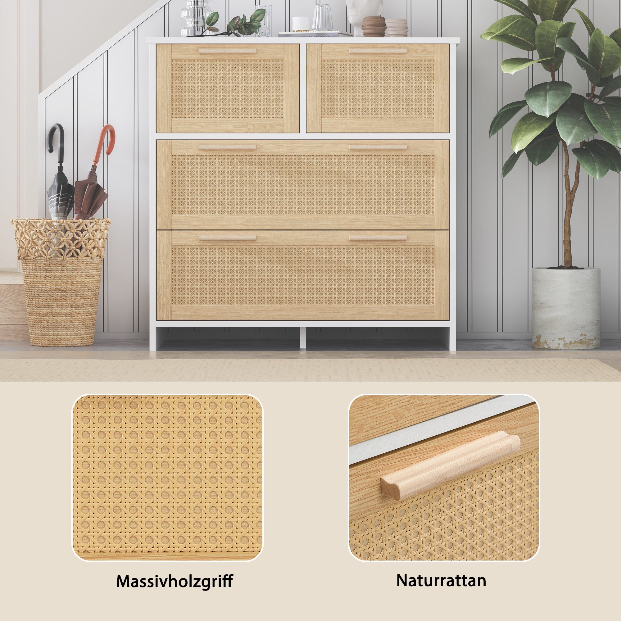 Merax Schubkastenkommode mit Rattangeflecht, Kommode mit 4 Schubladen,Sideboard,Landhaus,B:80cm