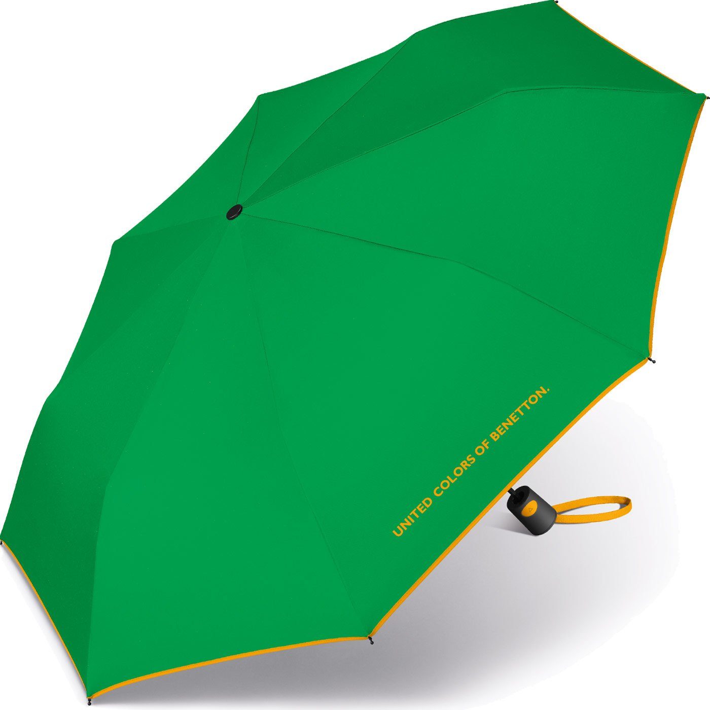 United Colors mit Benetton Taschenregenschirm Auf-Automatik, Schirmrand mit of am grün-gelb Damen-Regenschirm Kontrastfarben schöner 