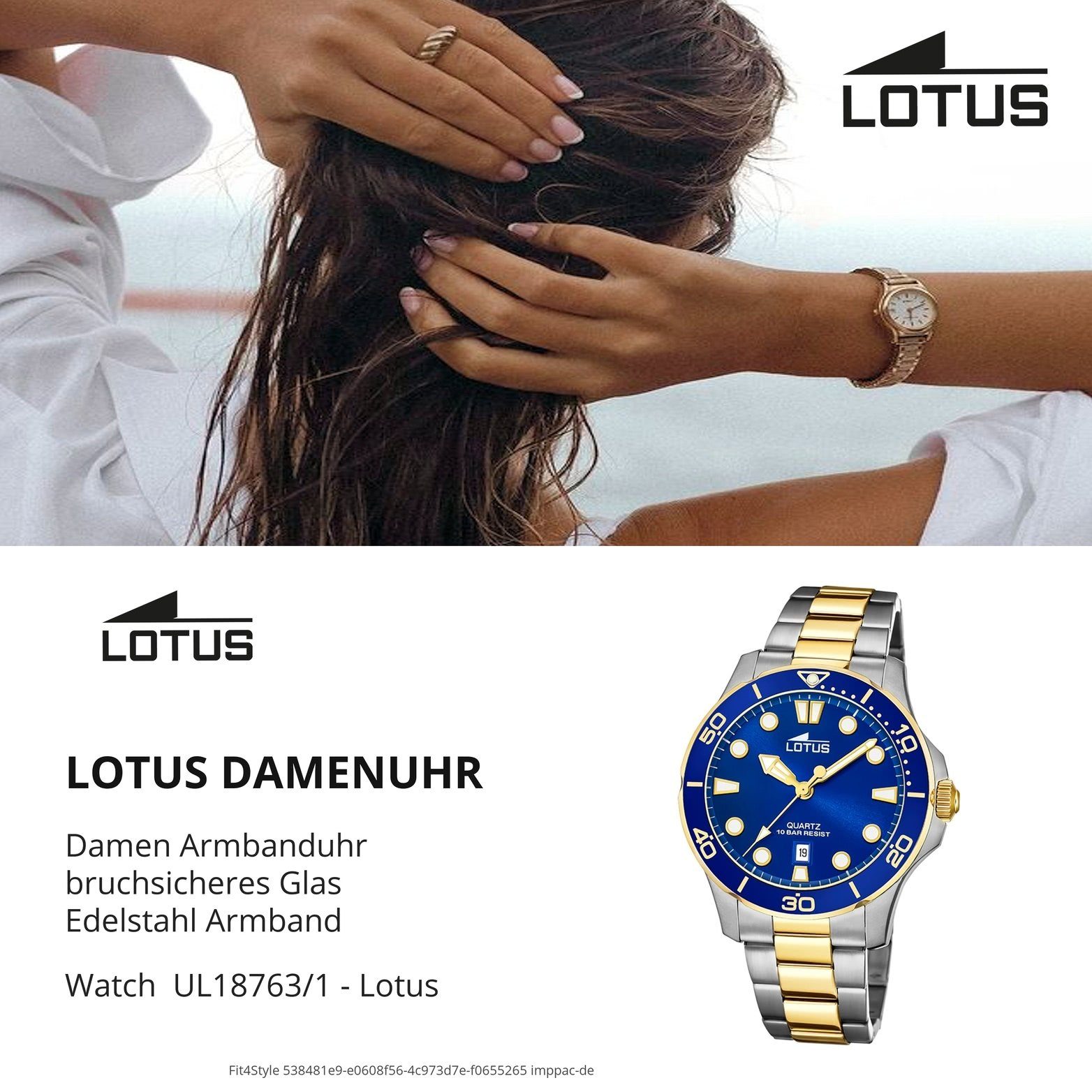Uhr Lotus (ca. Edelstahl 39mm), Fash Damen Edelstahlarmband, Lotus rundes mit Damenuhr 18763/1, Gehäuse, mittel Quarzuhr